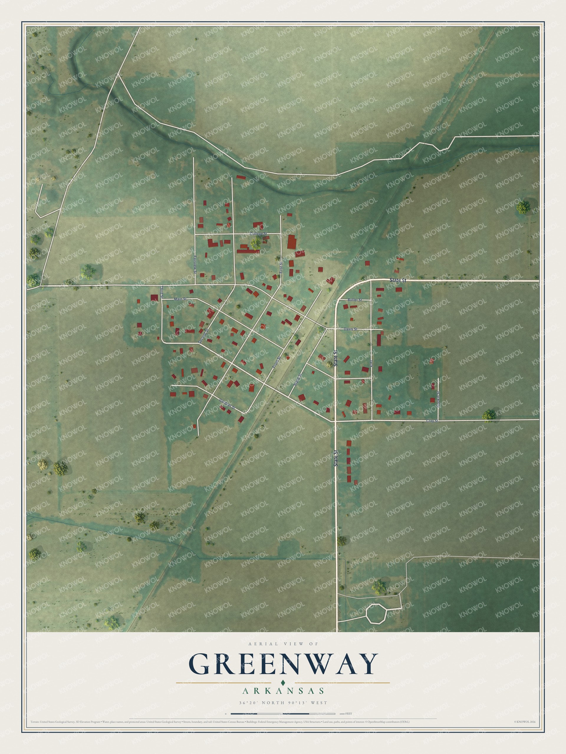 Full map of Greenway, Arkansas, with red buildings, printed street names and the land around them
