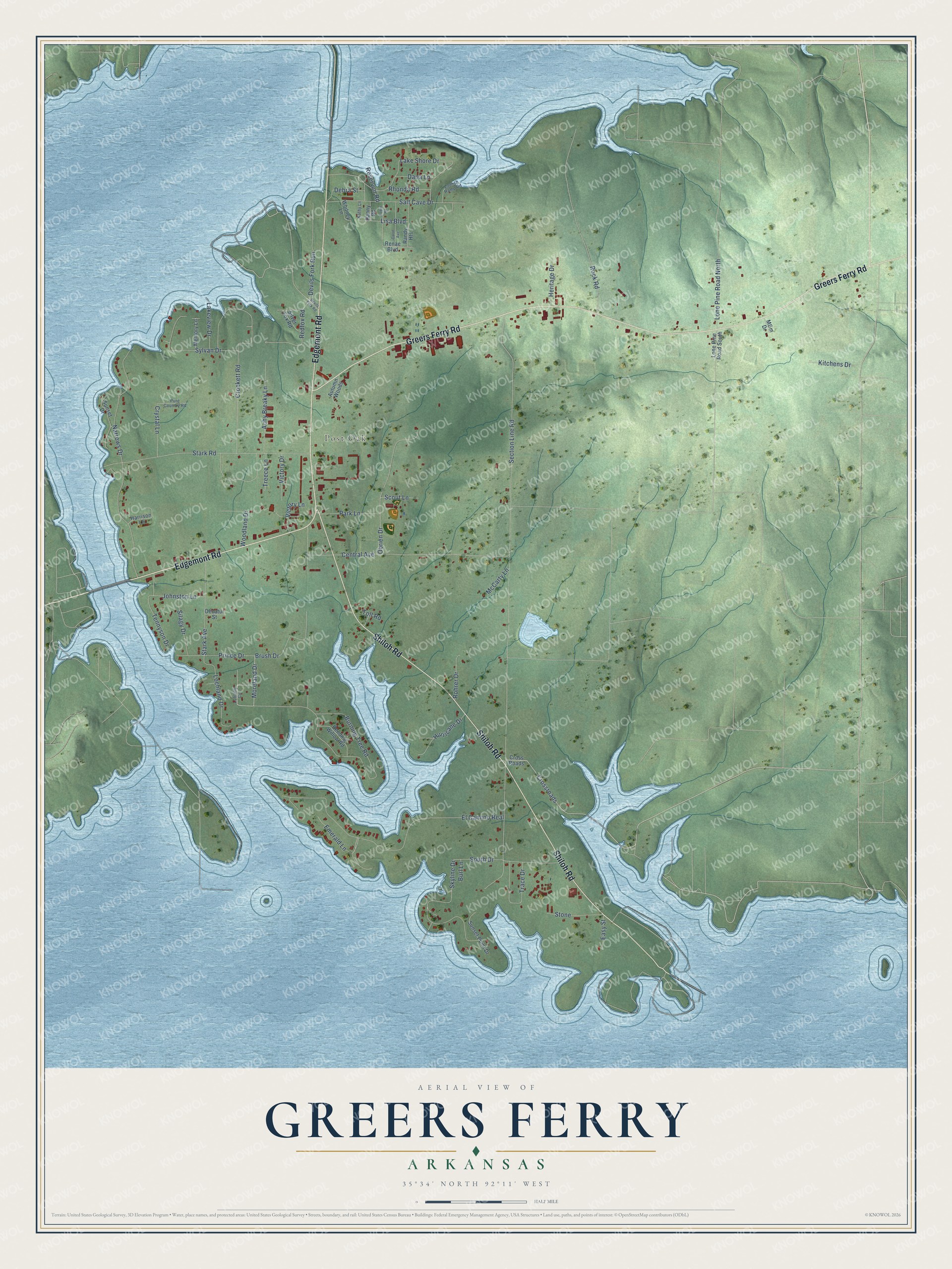 Full map of Greers Ferry, Arkansas, with red buildings, printed street names and the land around them