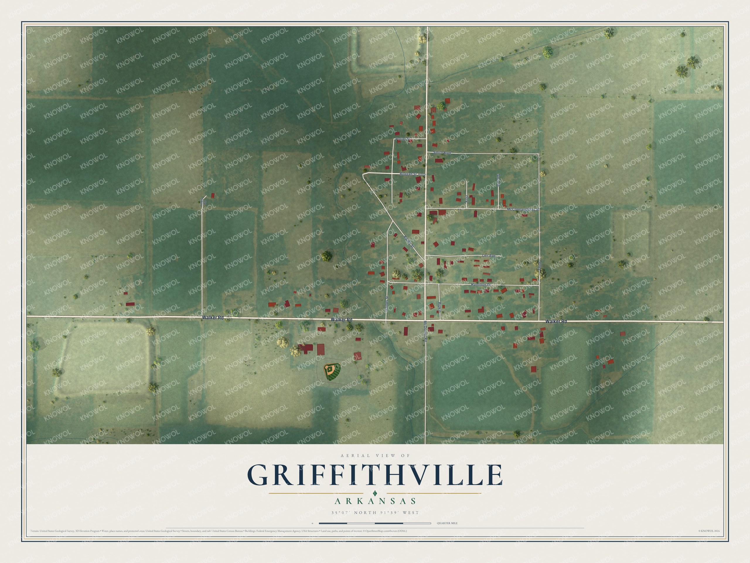 Full map of Griffithville, Arkansas, with red buildings, printed street names and the land around them