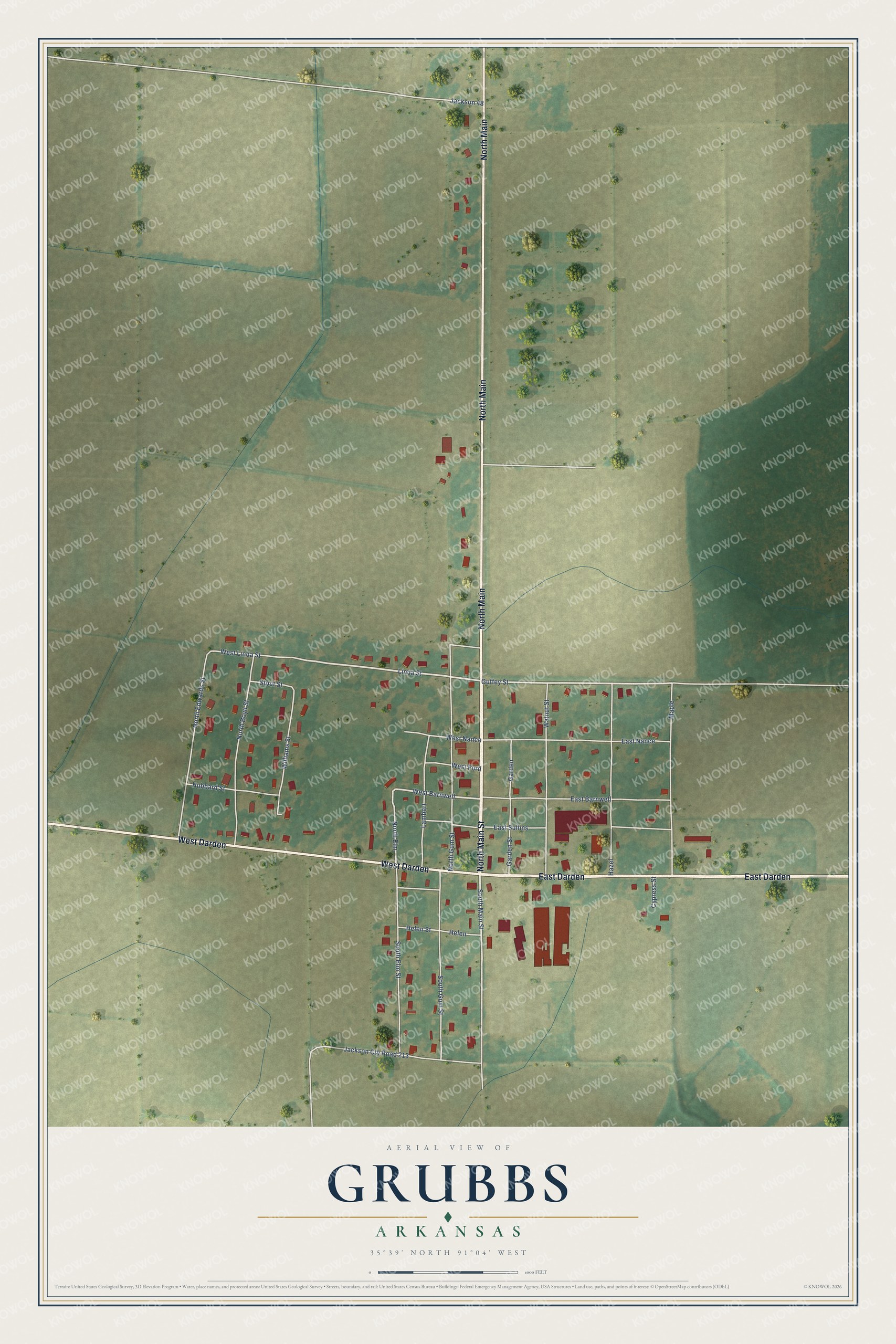 Full map of Grubbs, Arkansas, with red buildings, printed street names and the land around them