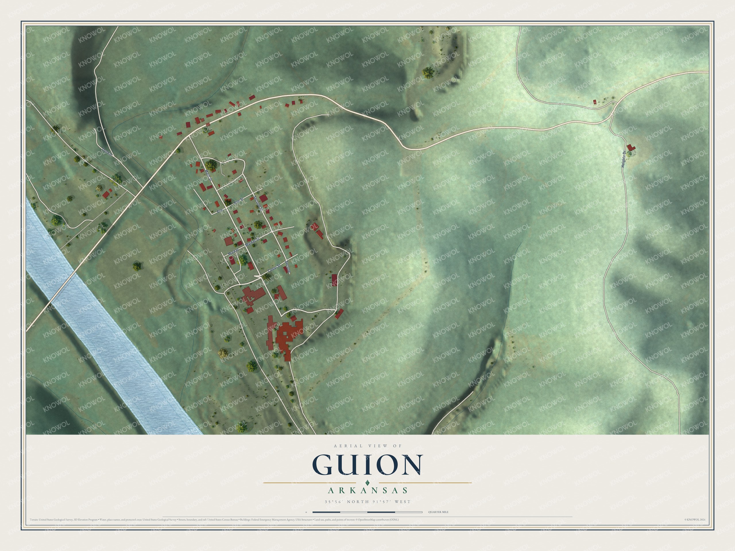 Full map of Guion, Arkansas, with red buildings, printed street names and the land around them