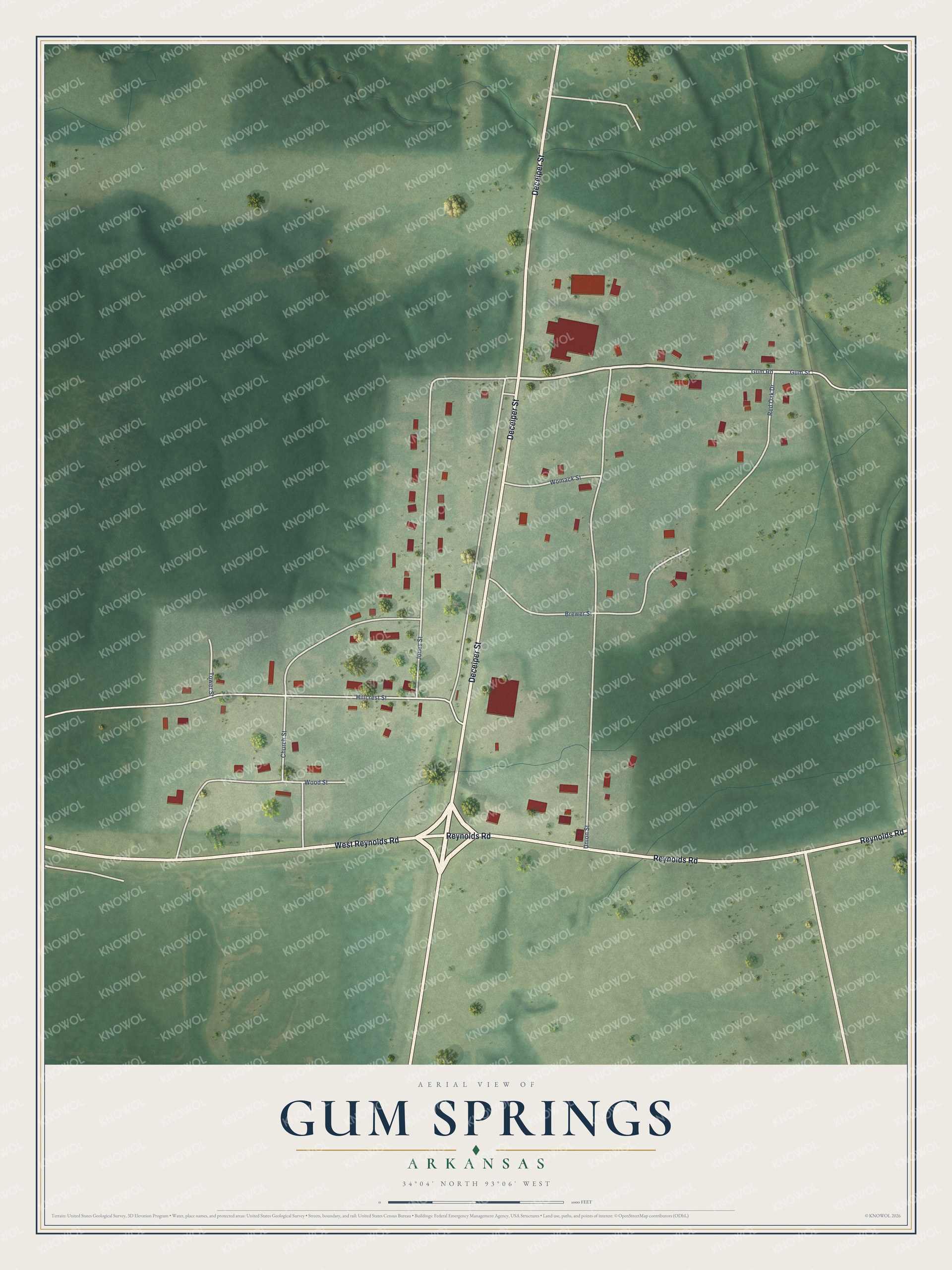 Full map of Gum Springs, Arkansas, with red buildings, printed street names and the land around them