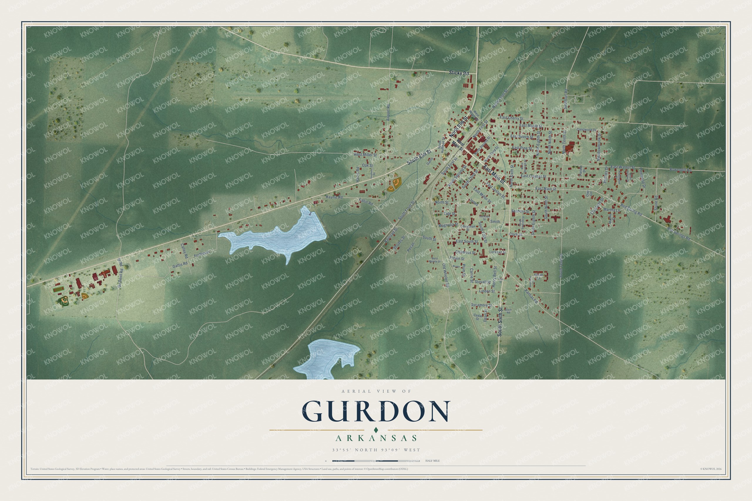 Full map of Gurdon, Arkansas, with red buildings, printed street names and the land around them