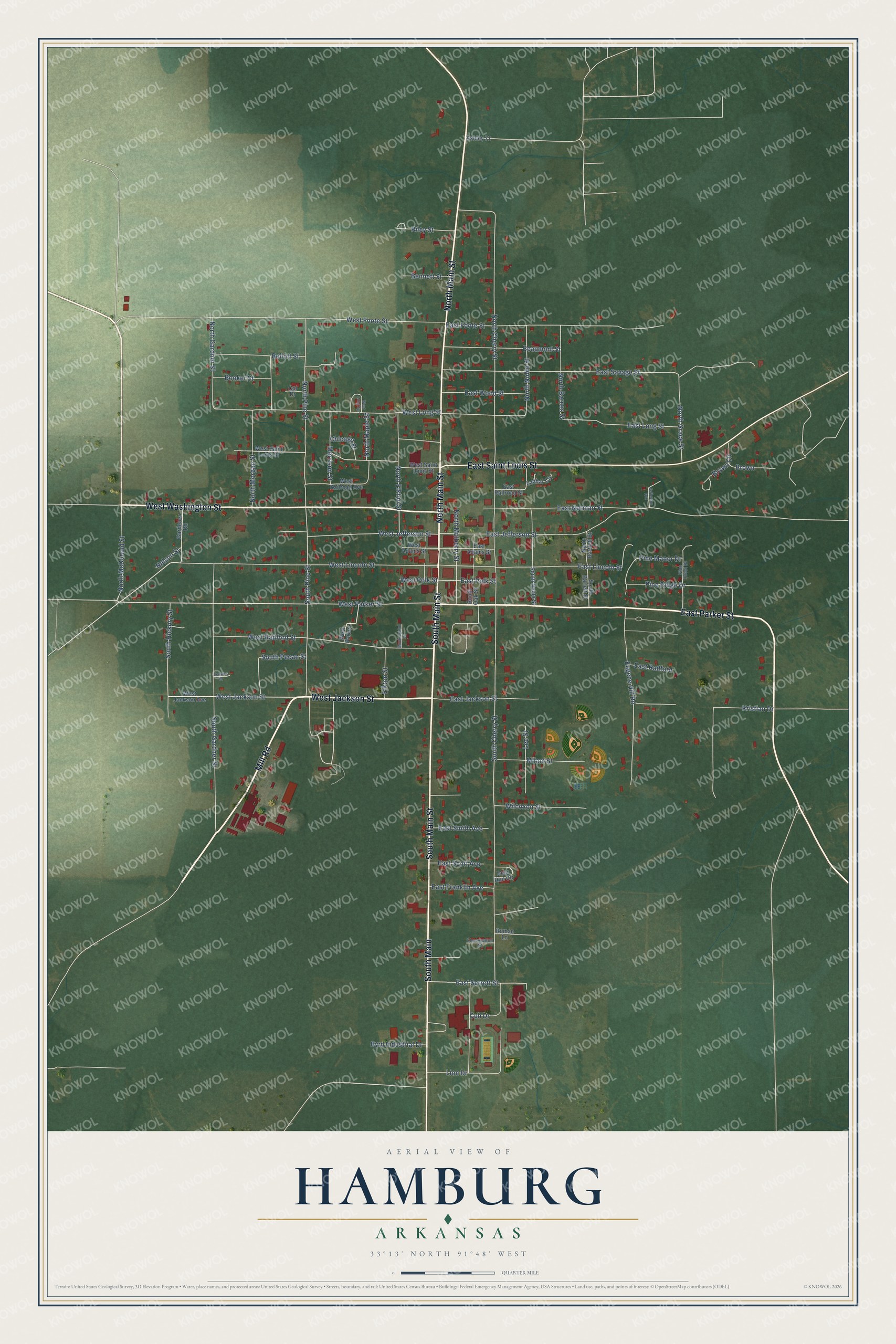 Full map of Hamburg, Arkansas, with red buildings, printed street names and the land around them