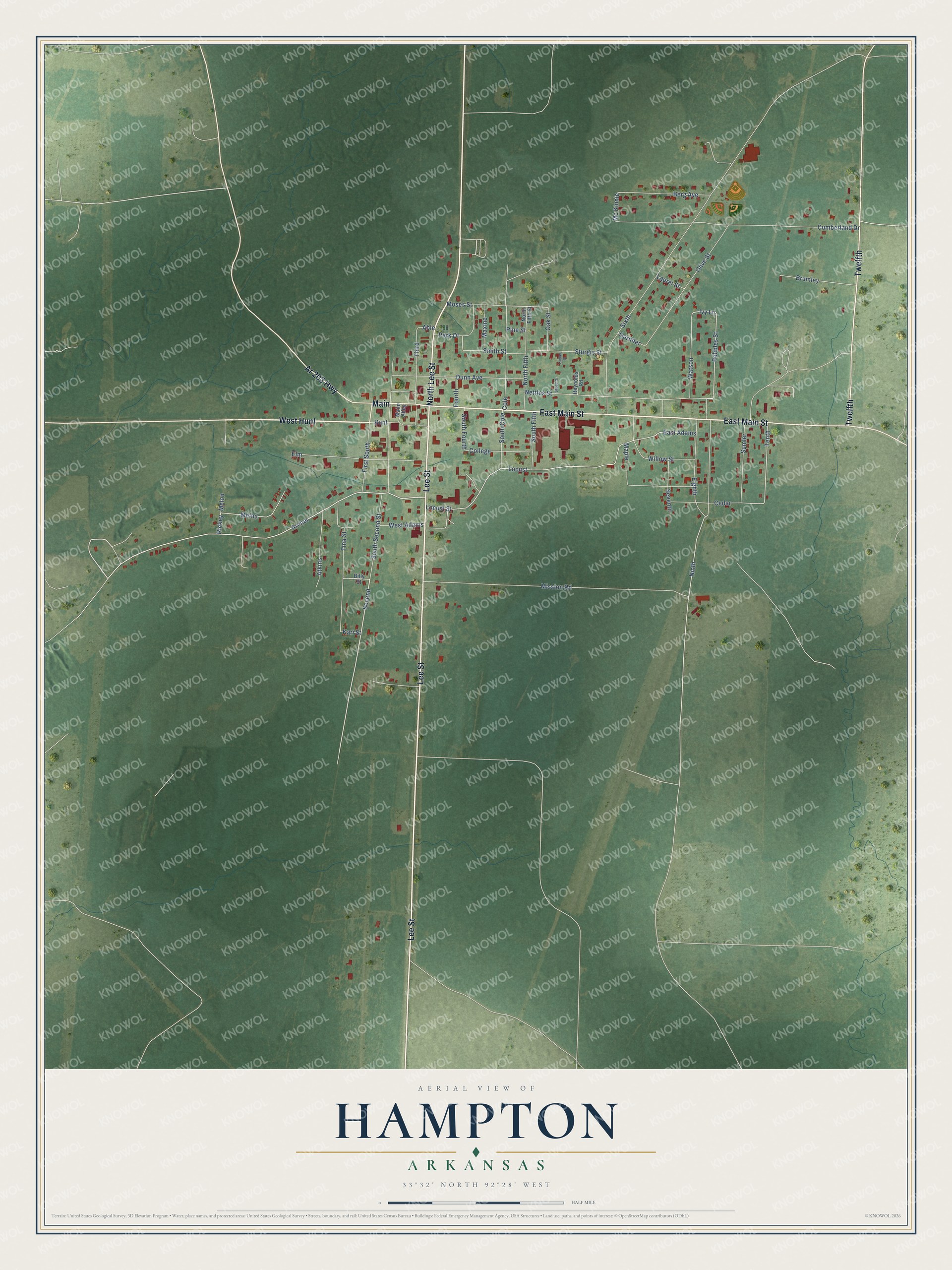 Watermarked full-map preview of Hampton, Arkansas