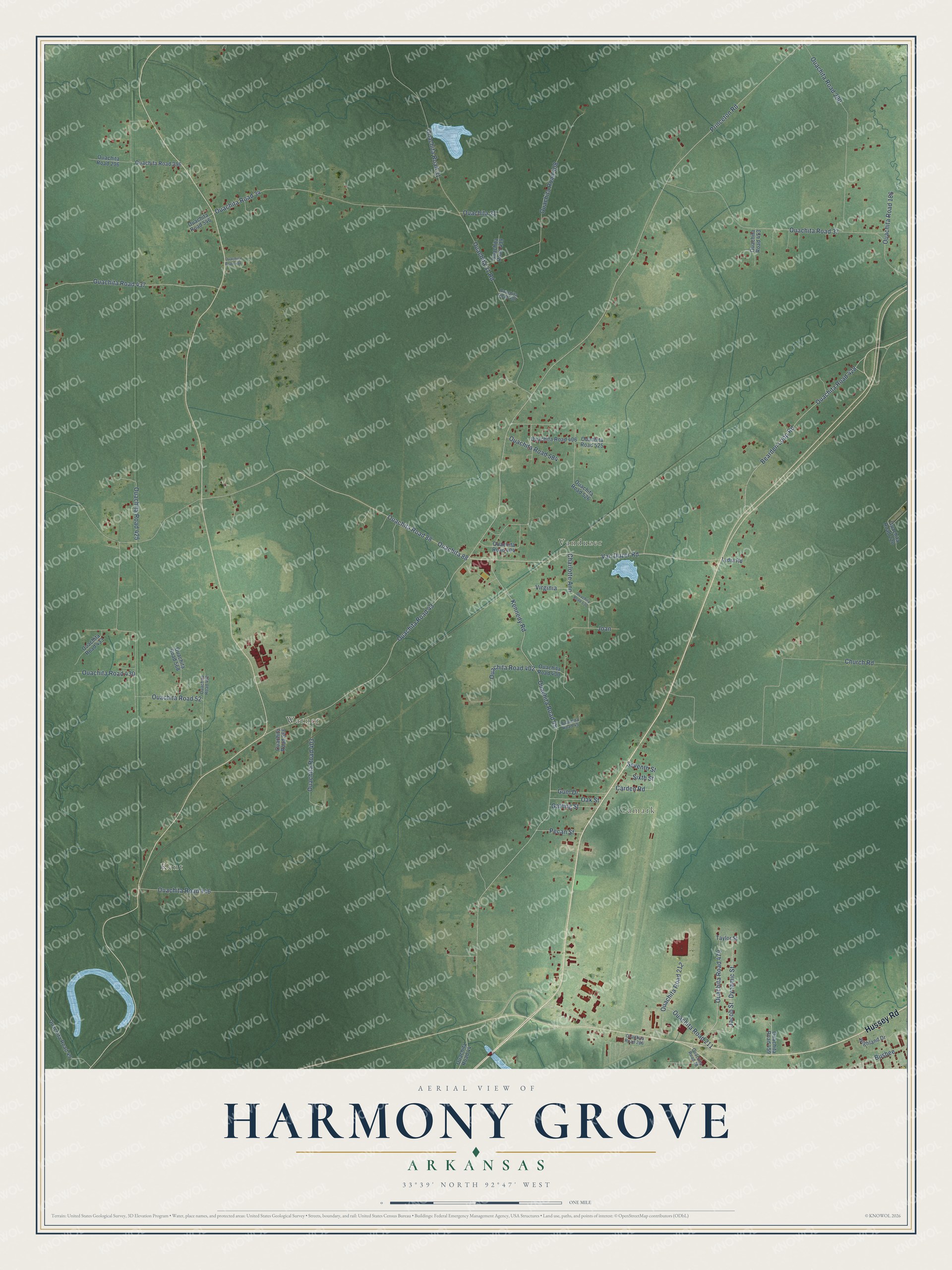 Full map of Harmony Grove, Arkansas, with red buildings, printed street names and the land around them