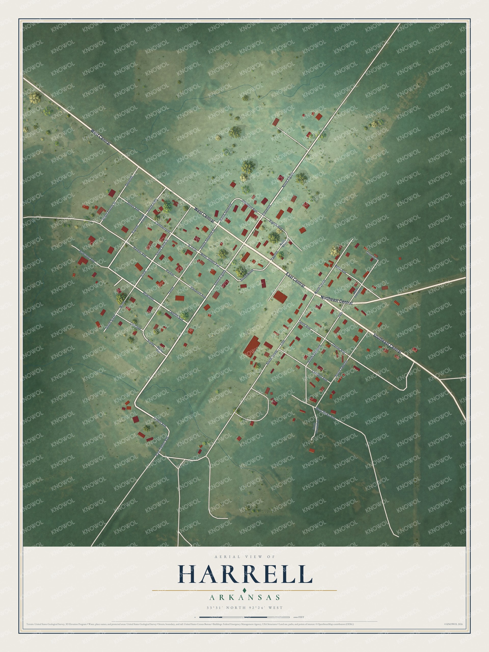 Full map of Harrell, Arkansas, with red buildings, printed street names and the land around them