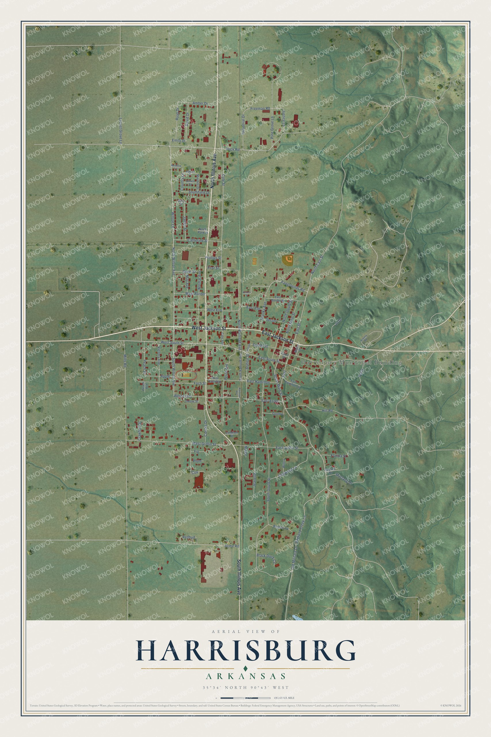 Full map of Harrisburg, Arkansas, with red buildings, printed street names and the land around them