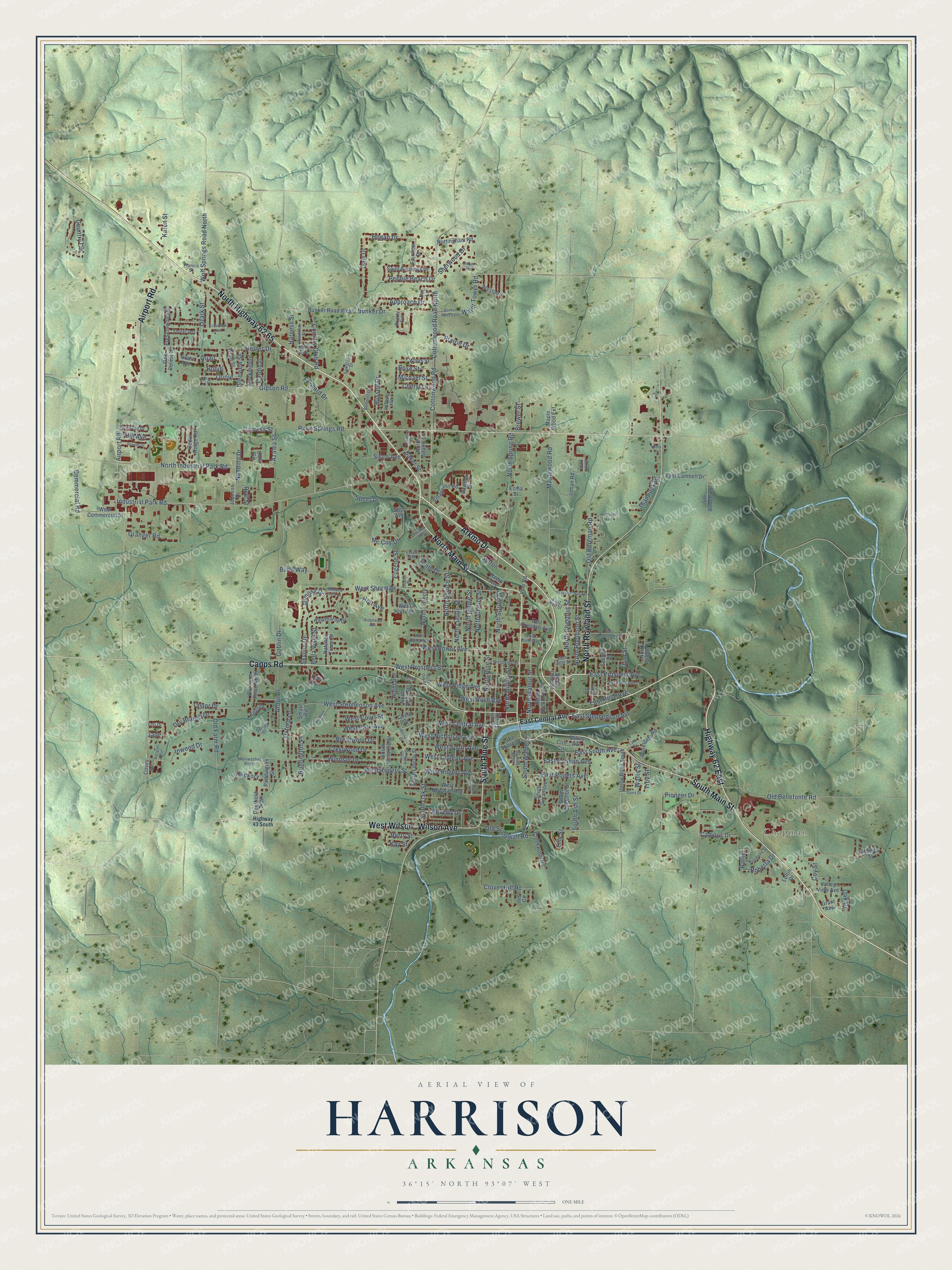 Full map of Harrison, Arkansas, with red buildings, printed street names and the land around them