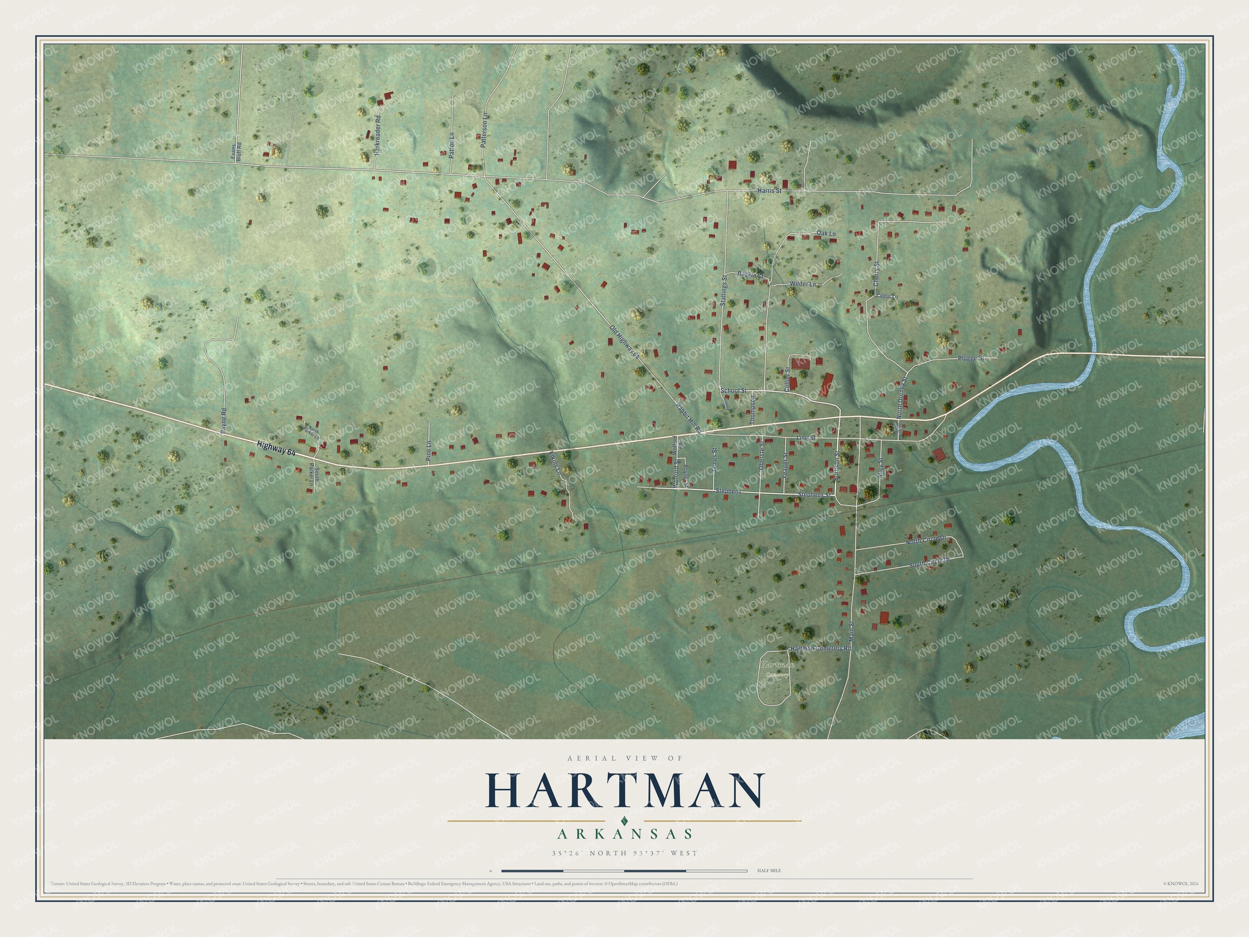 Full map of Hartman, Arkansas, with red buildings, printed street names and the land around them