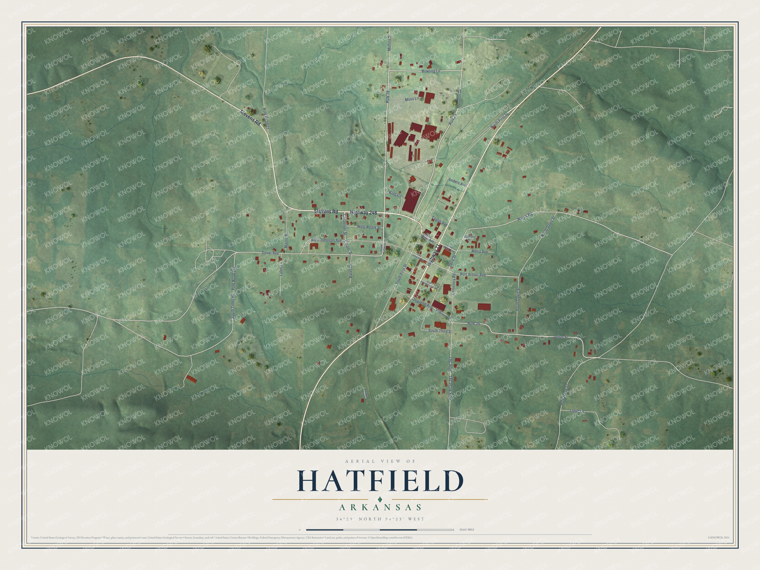 Full map of Hatfield, Arkansas, with red buildings, printed street names and the land around them