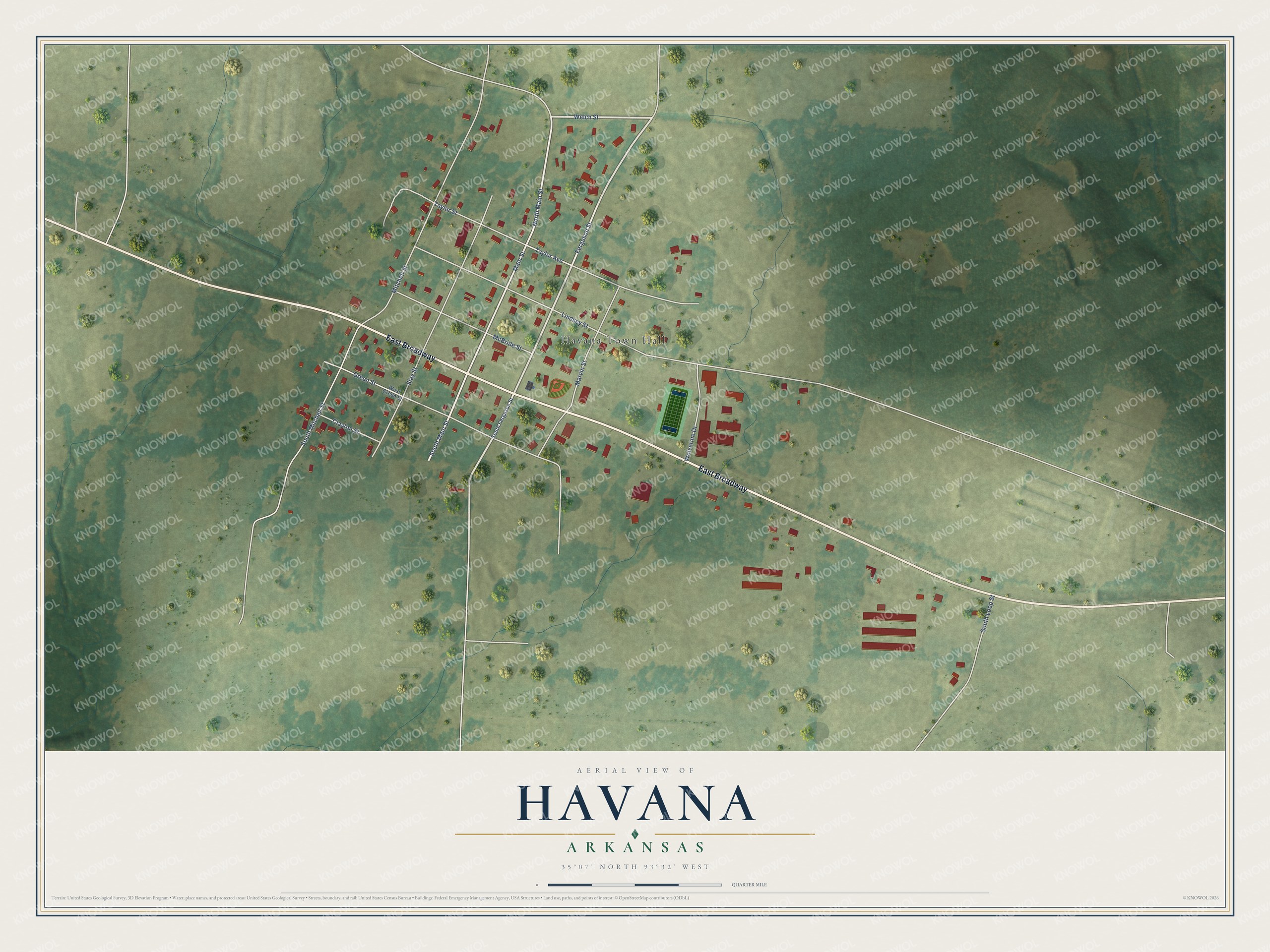 Full map of Havana, Arkansas, with red buildings, printed street names and the land around them