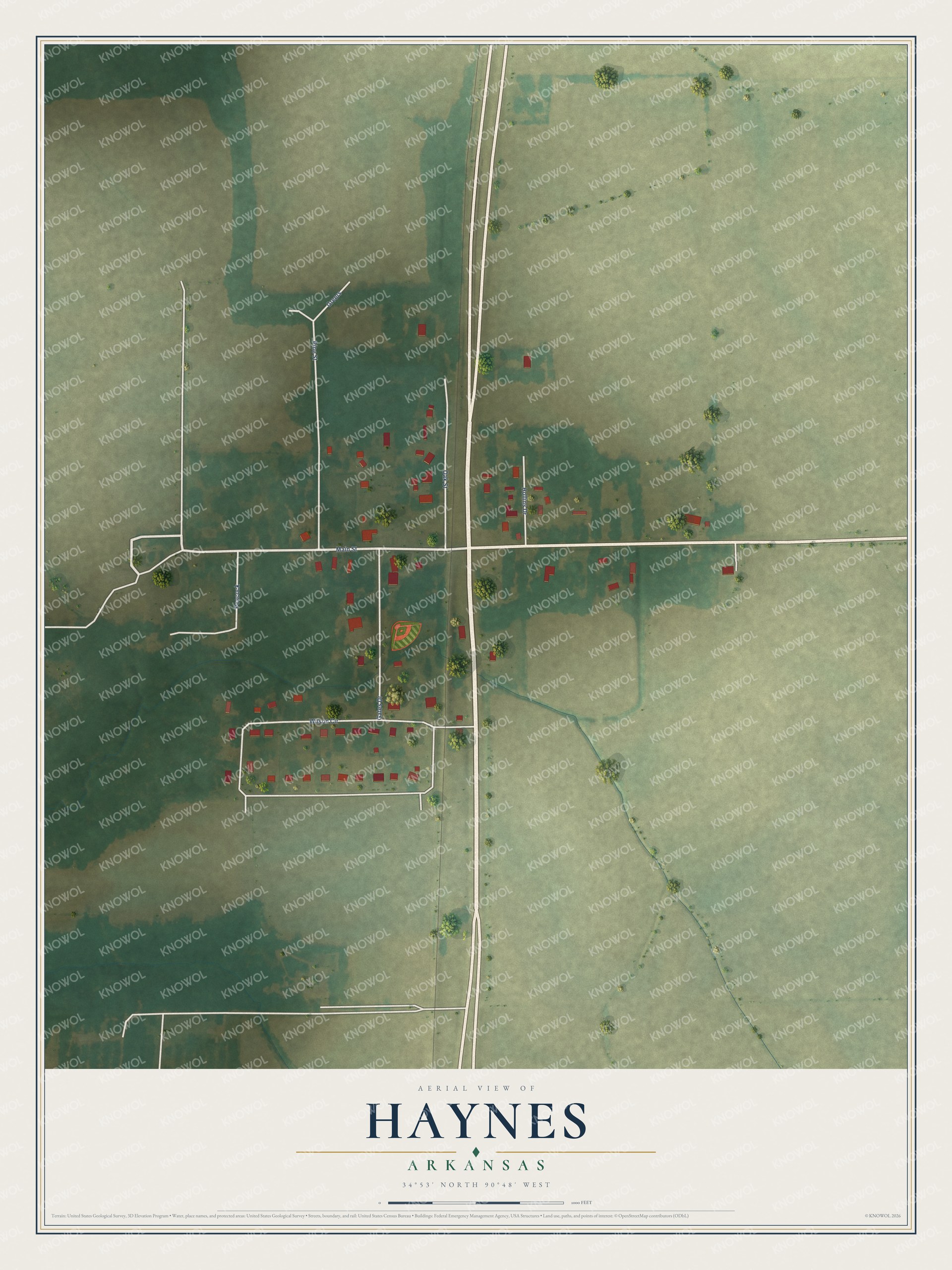 Full map of Haynes, Arkansas, with red buildings, printed street names and the land around them