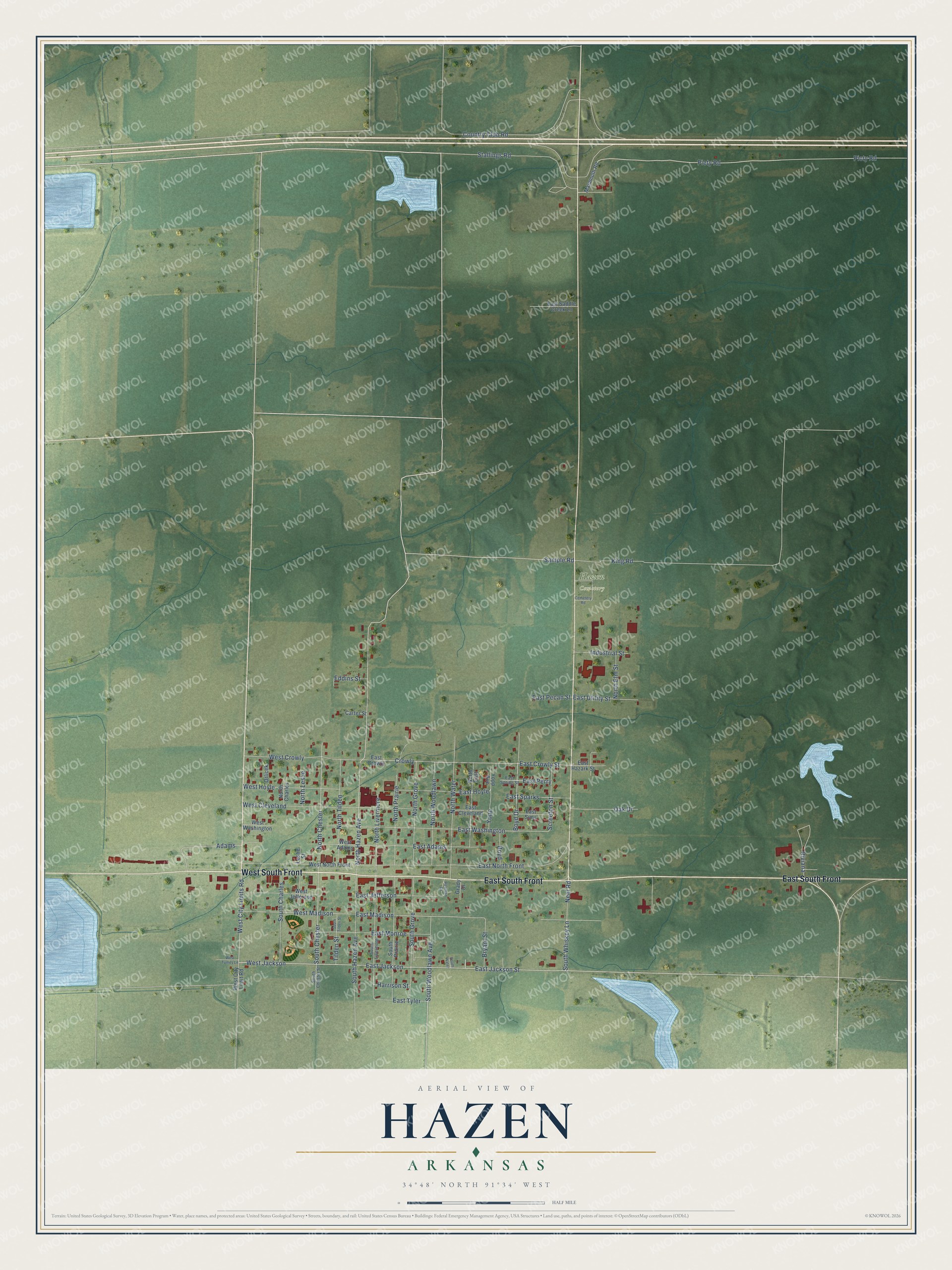 Full map of Hazen, Arkansas, with red buildings, printed street names and the land around them