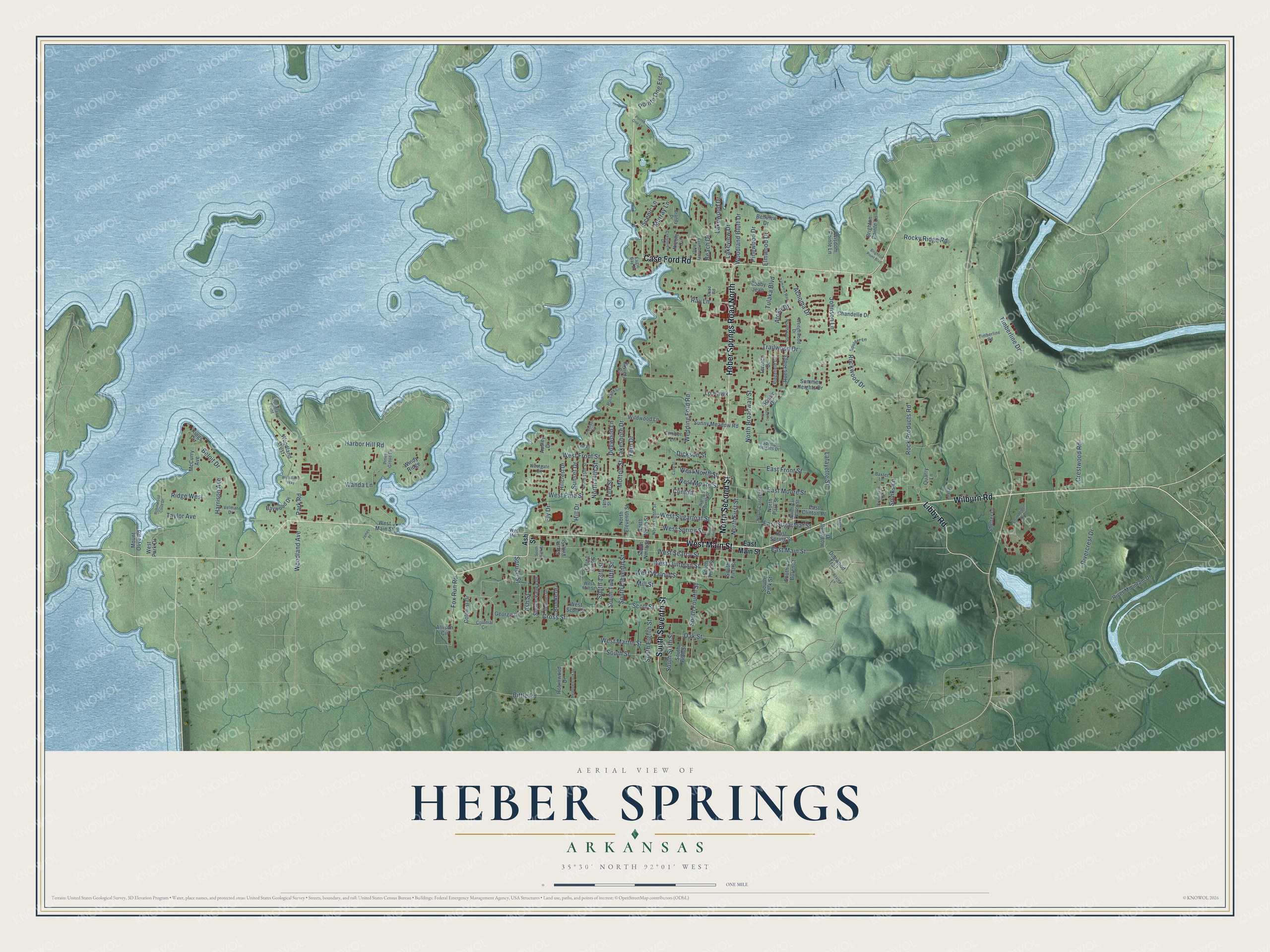 Full map of Heber Springs, Arkansas, with red buildings, printed street names and the land around them
