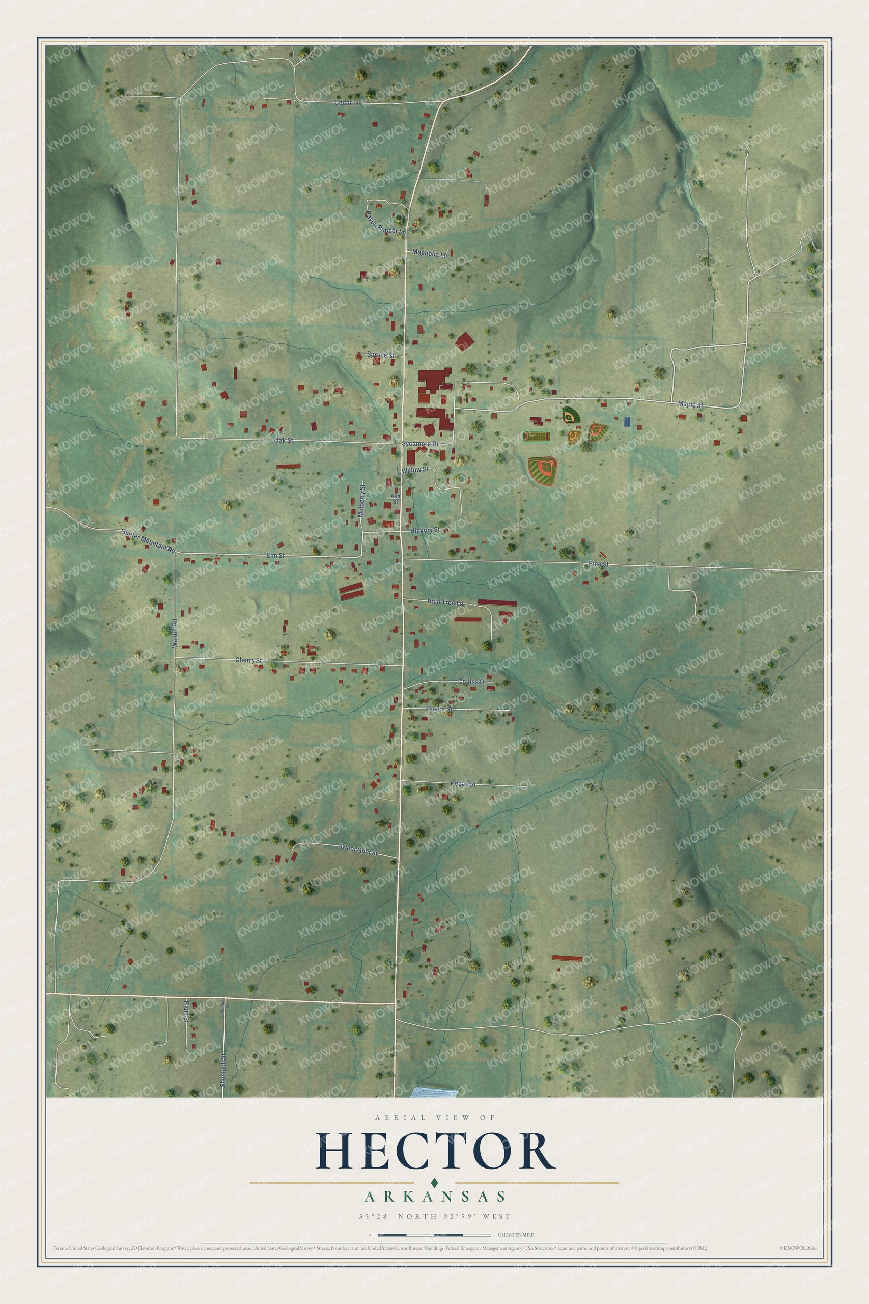 Full map of Hector, Arkansas, with red buildings, printed street names and the land around them