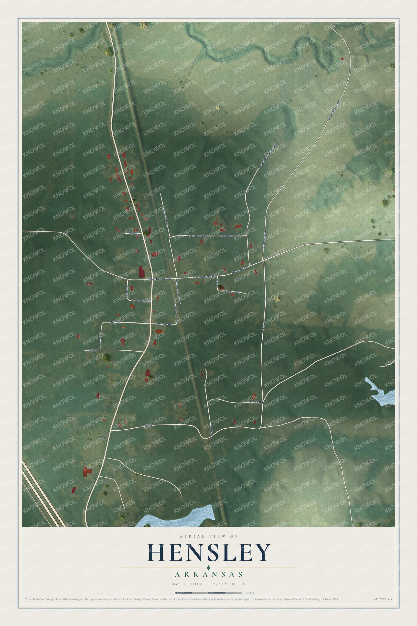 Full map of Hensley, Arkansas, with red buildings, printed street names and the land around them