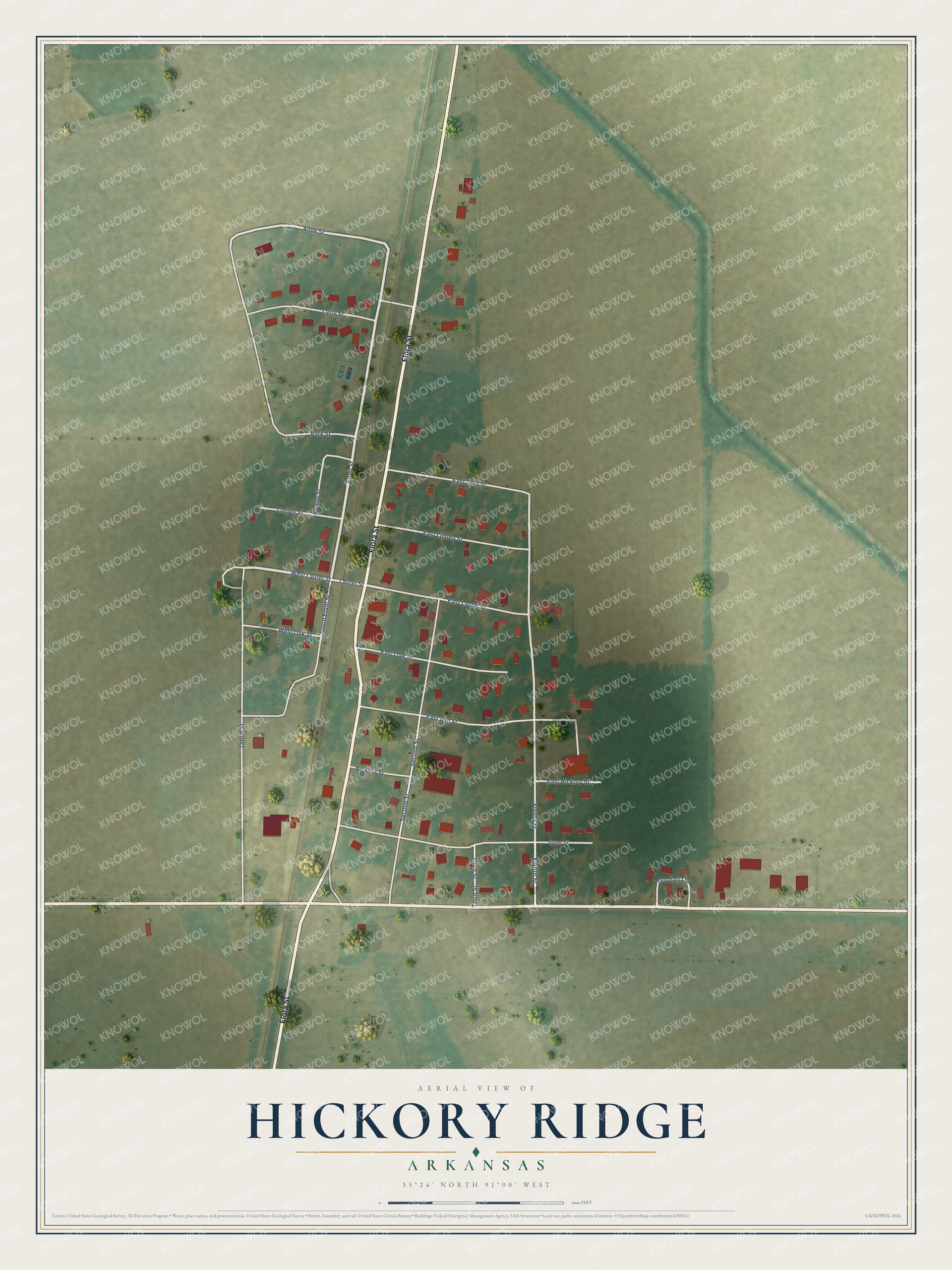 Full map of Hickory Ridge, Arkansas, with red buildings, printed street names and the land around them