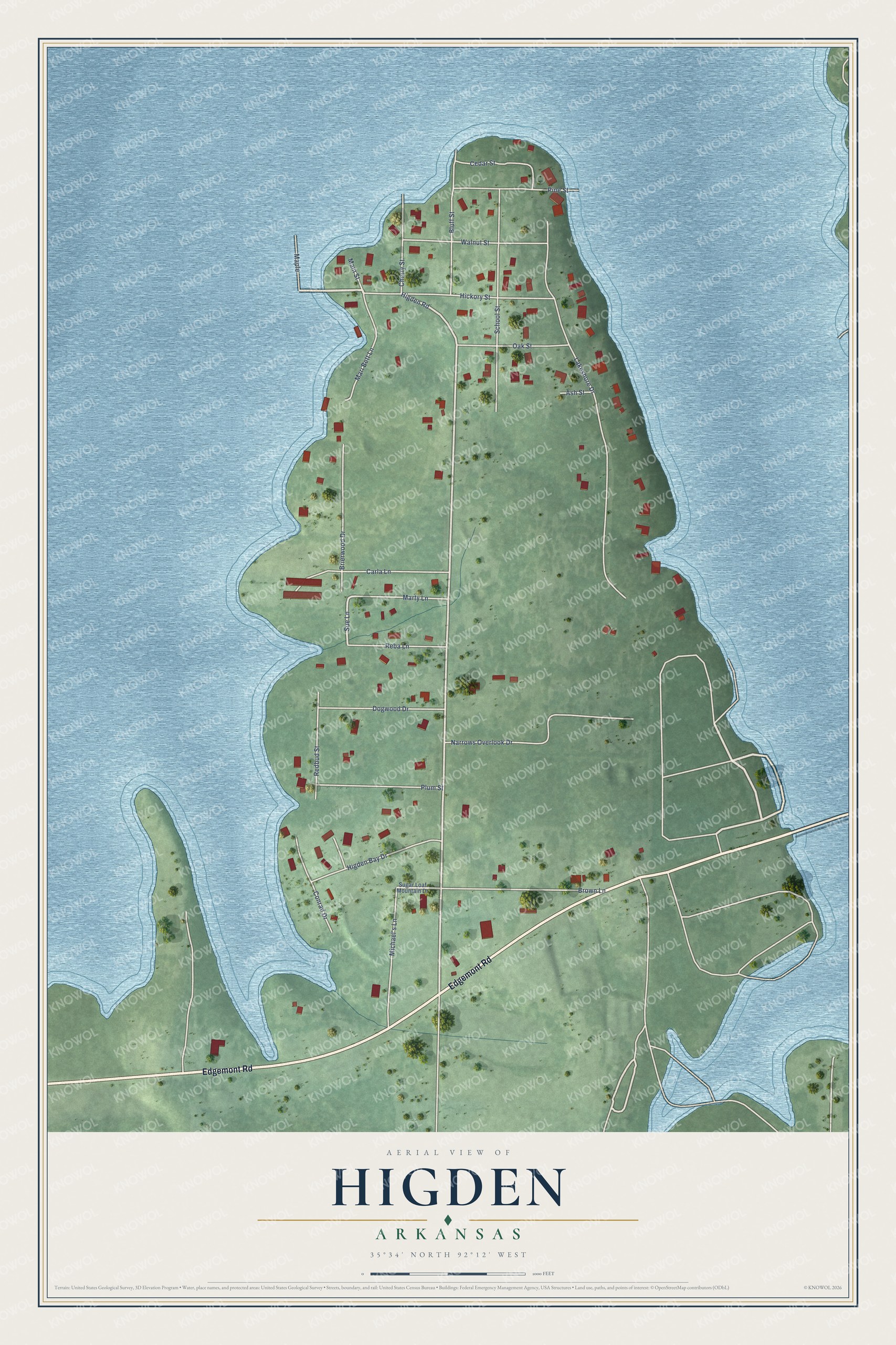 Full map of Higden, Arkansas, with red buildings, printed street names and the land around them
