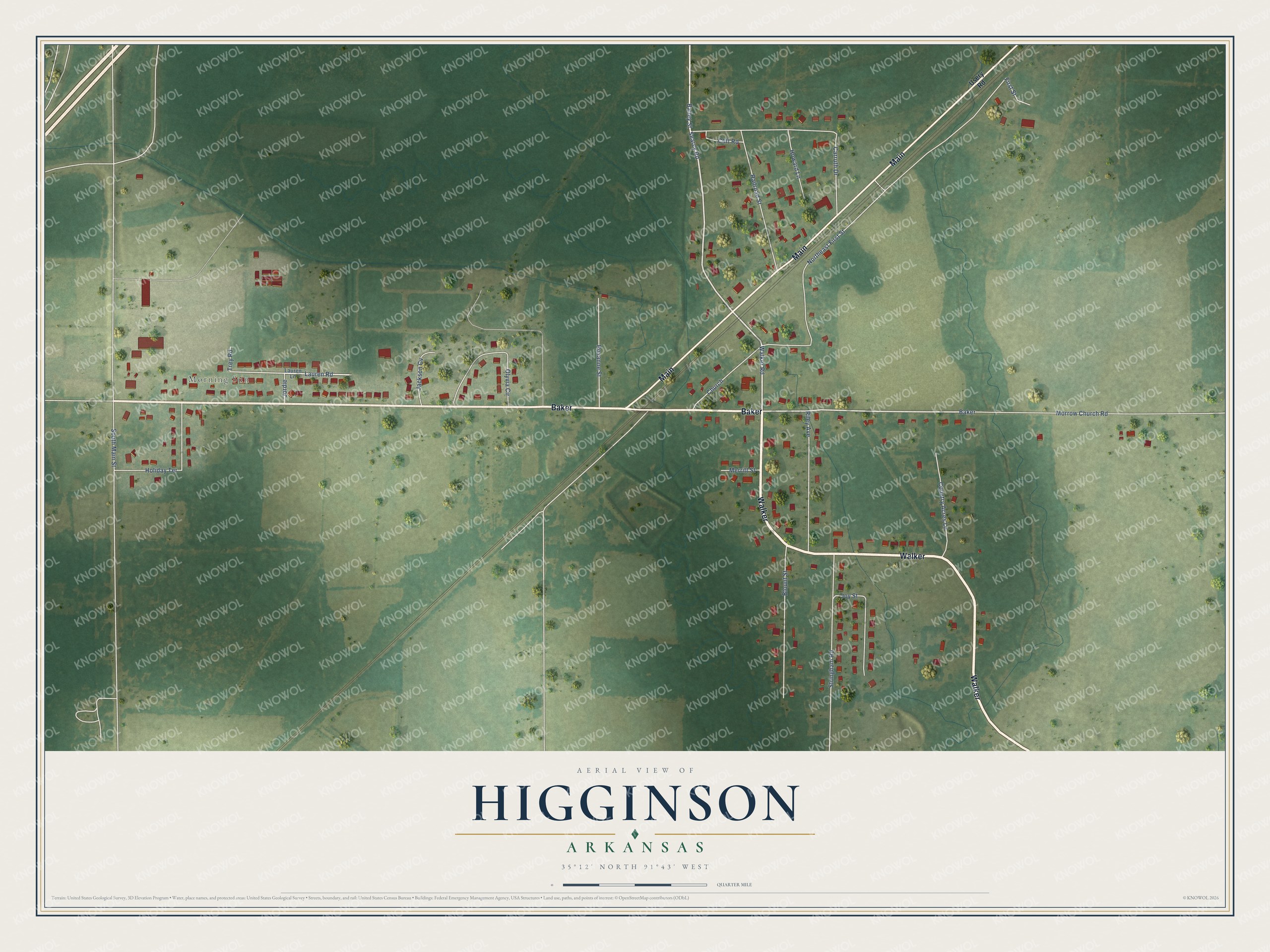 Full map of Higginson, Arkansas, with red buildings, printed street names and the land around them