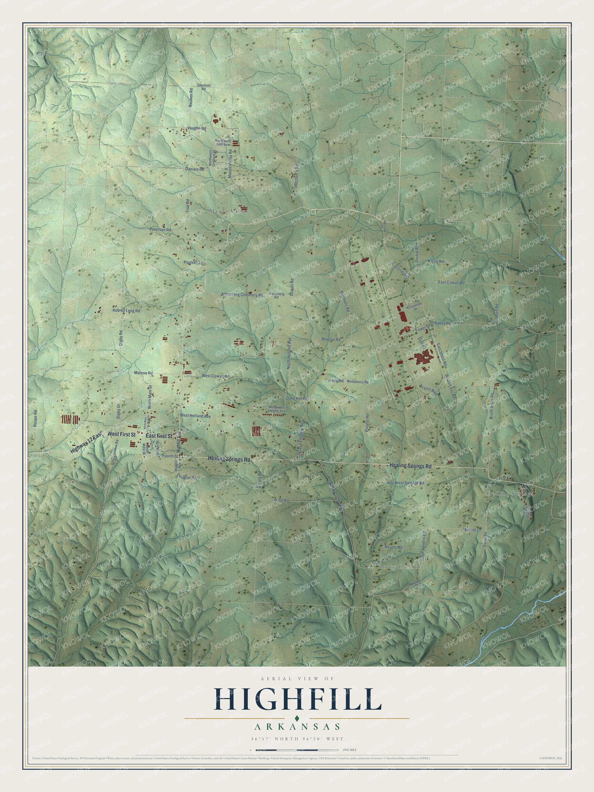 Full map of Highfill, Arkansas, with red buildings, printed street names and the land around them