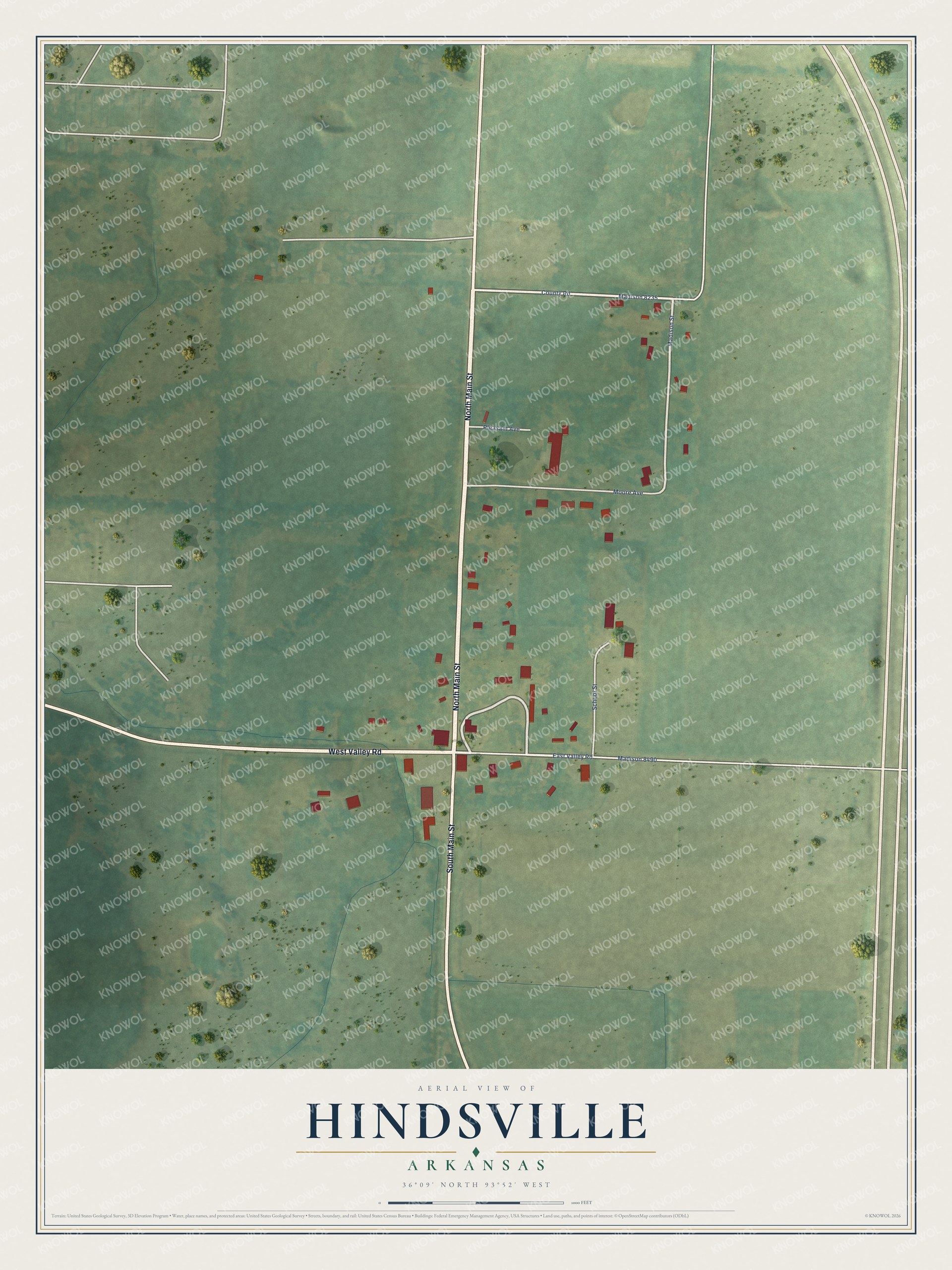 Full map of Hindsville, Arkansas, with red buildings, printed street names and the land around them