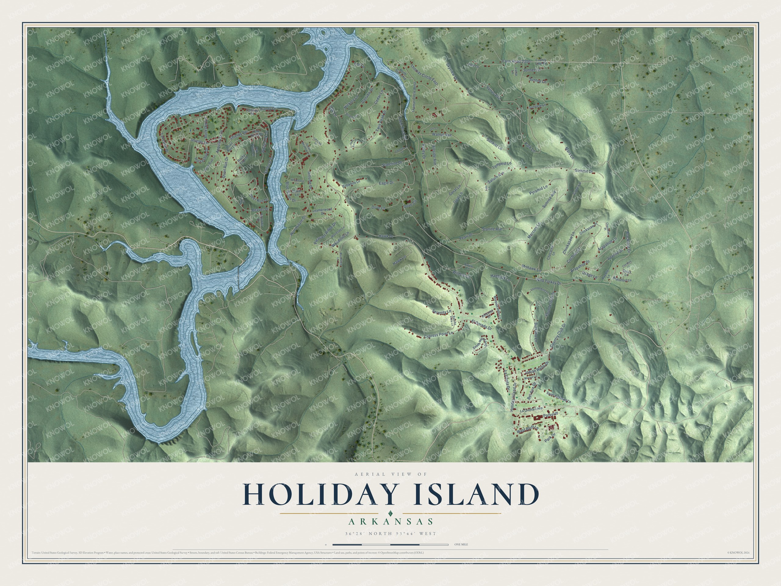 Full map of Holiday Island, Arkansas, with red buildings, printed street names and the land around them