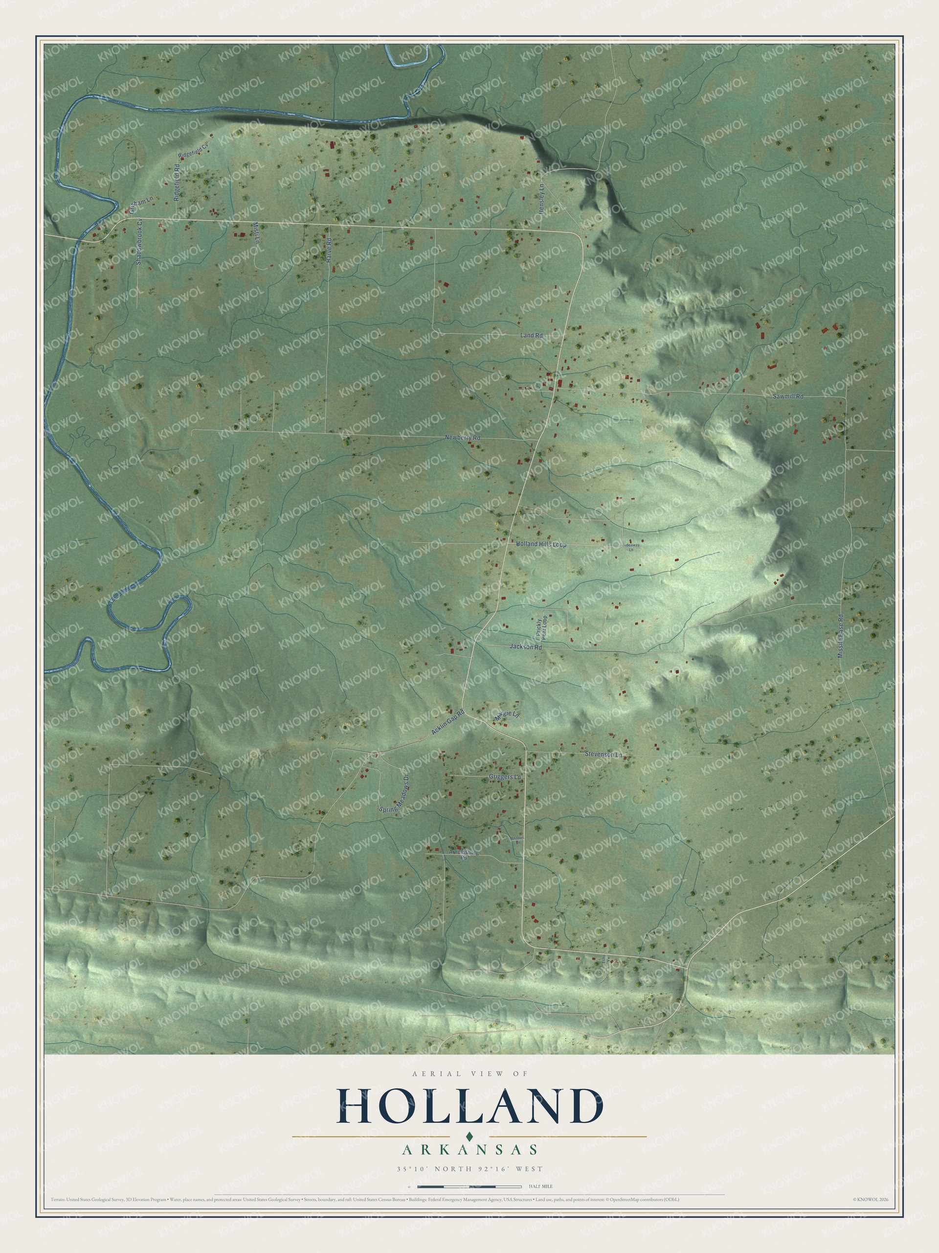 Full map of Holland, Arkansas, with red buildings, printed street names and the land around them