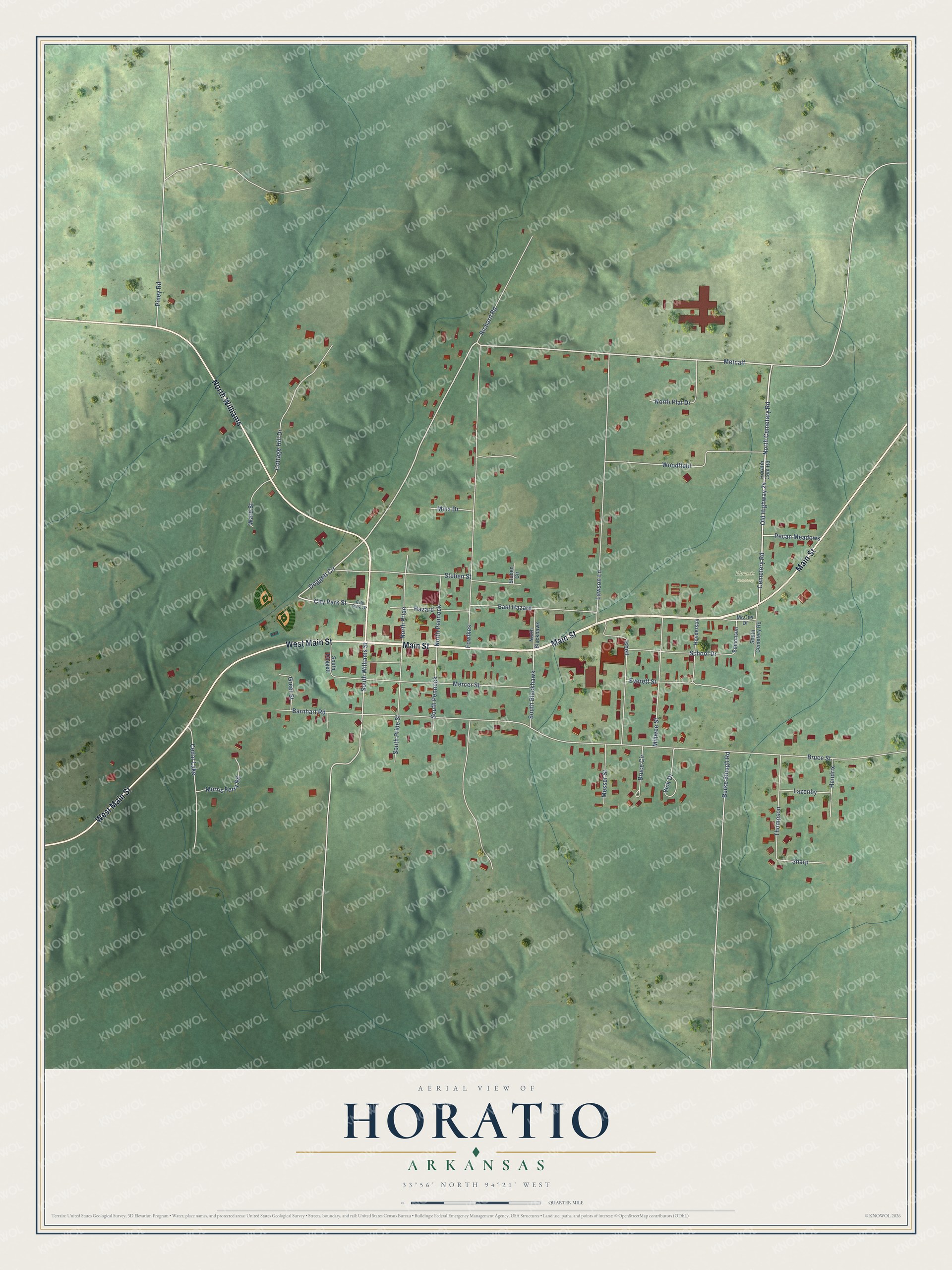 Full map of Horatio, Arkansas, with red buildings, printed street names and the land around them