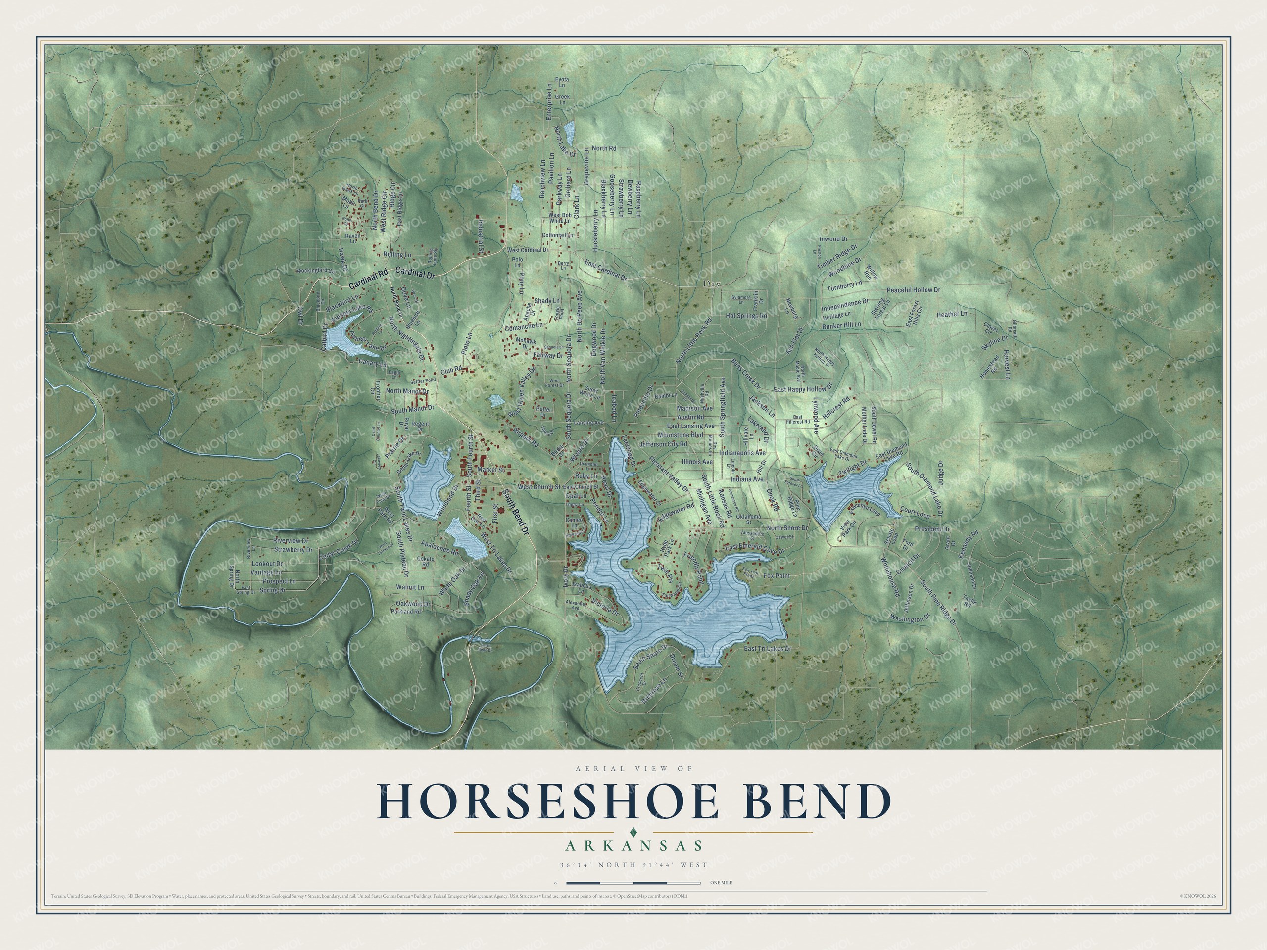 Full map of Horseshoe Bend, Arkansas, with red buildings, printed street names and the land around them