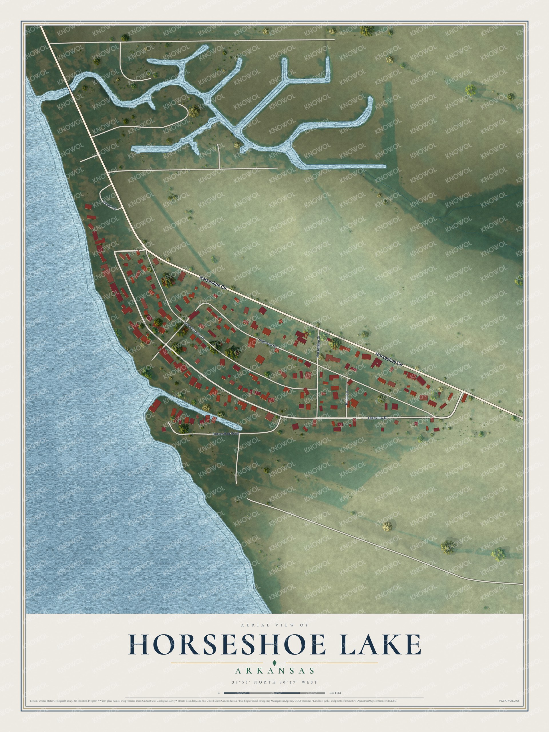 Full map of Horseshoe Lake, Arkansas, with red buildings, printed street names and the land around them