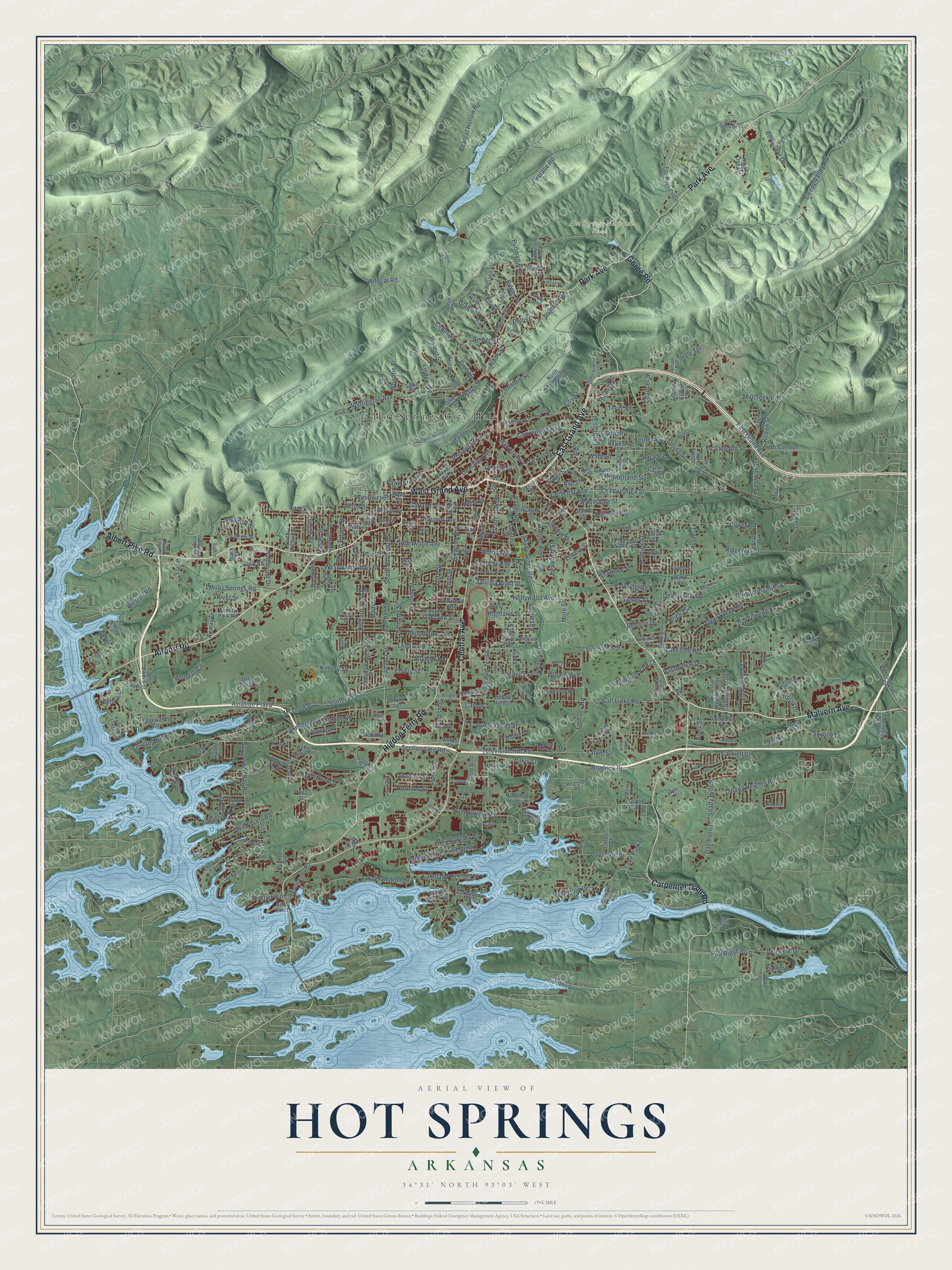 Full map of Hot Springs, Arkansas, with red buildings, printed street names and the land around them