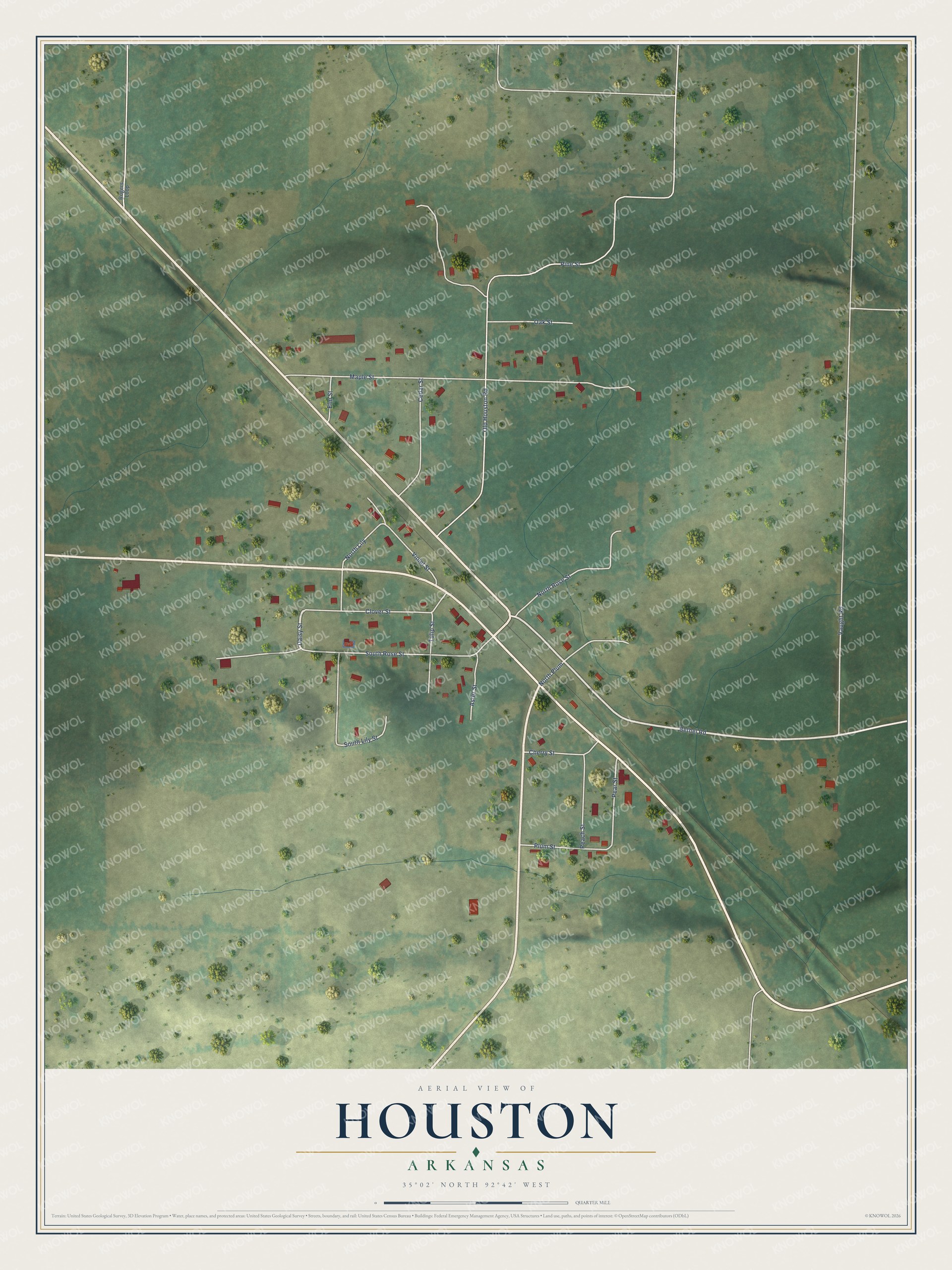 Full map of Houston, Arkansas, with red buildings, printed street names and the land around them