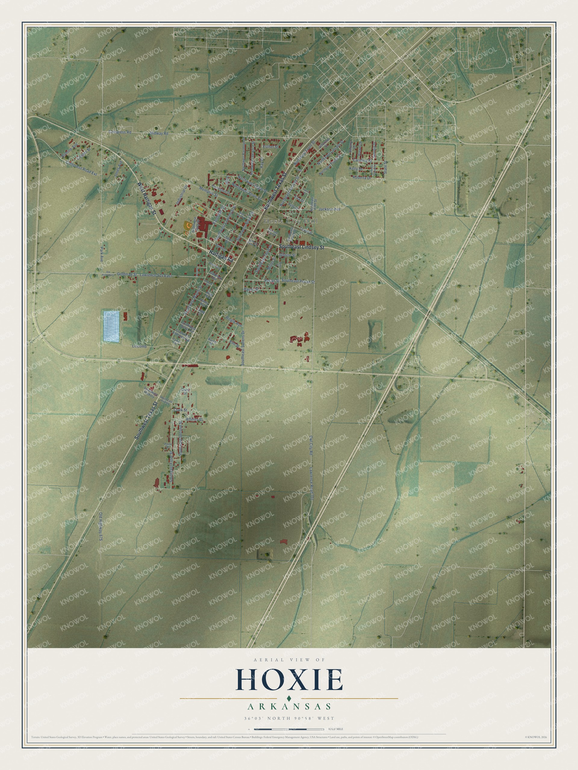 Full map of Hoxie, Arkansas, with red buildings, printed street names and the land around them
