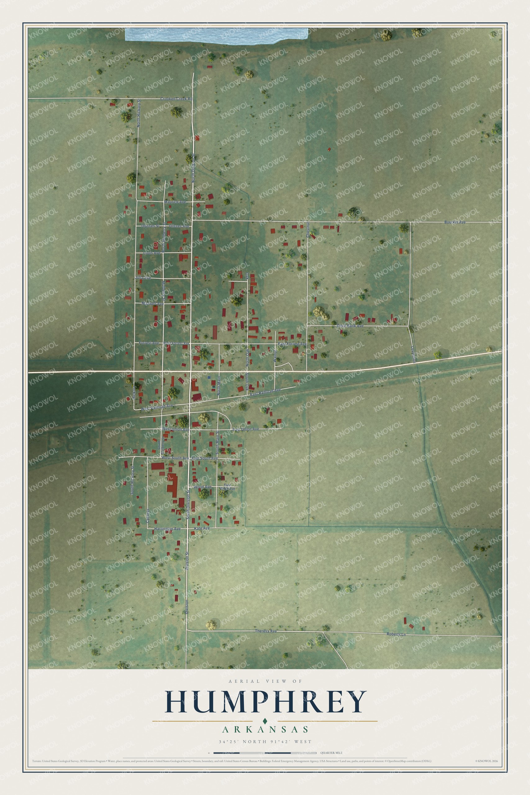 Full map of Humphrey, Arkansas, with red buildings, printed street names and the land around them