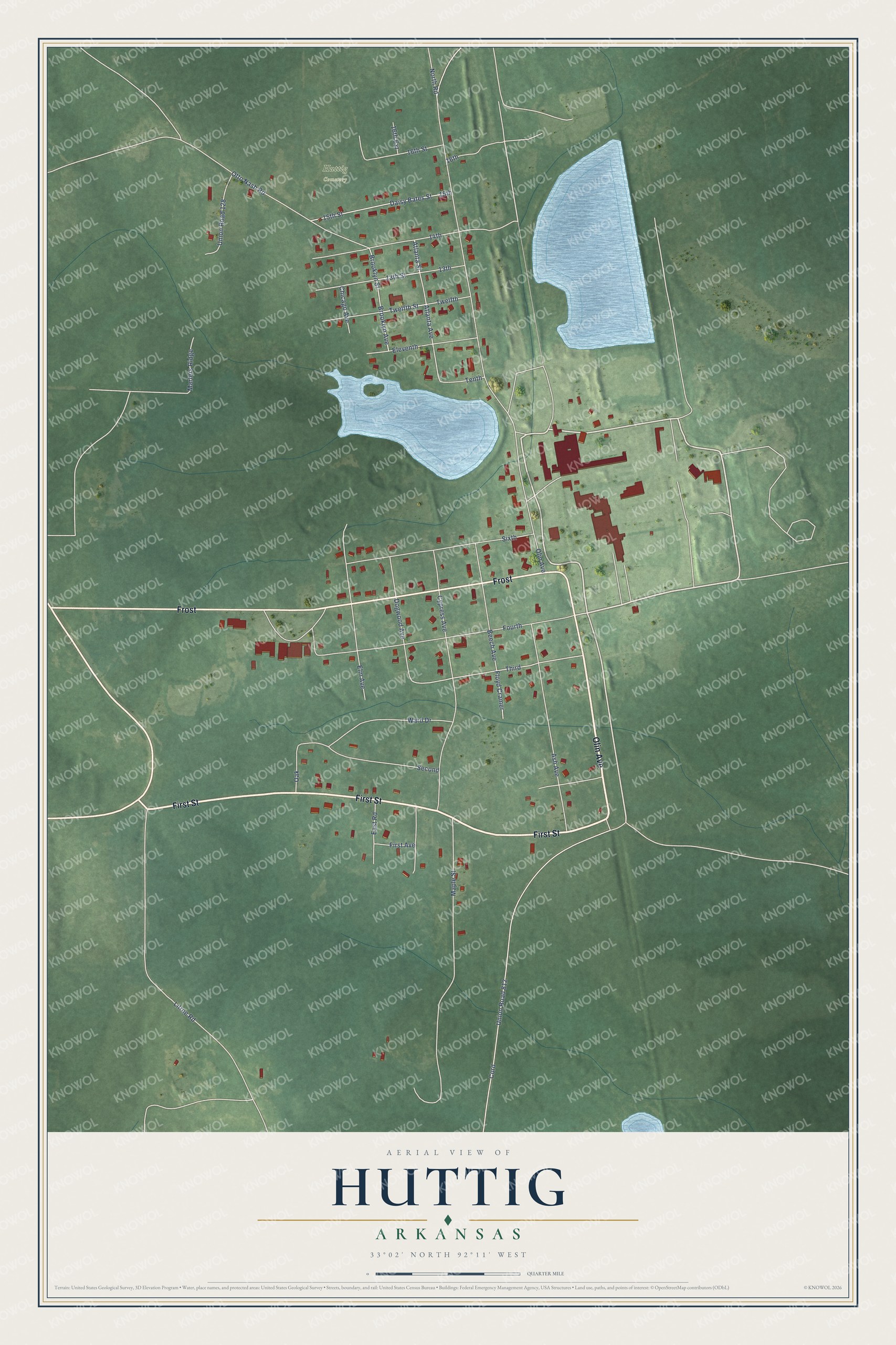 Full map of Huttig, Arkansas, with red buildings, printed street names and the land around them