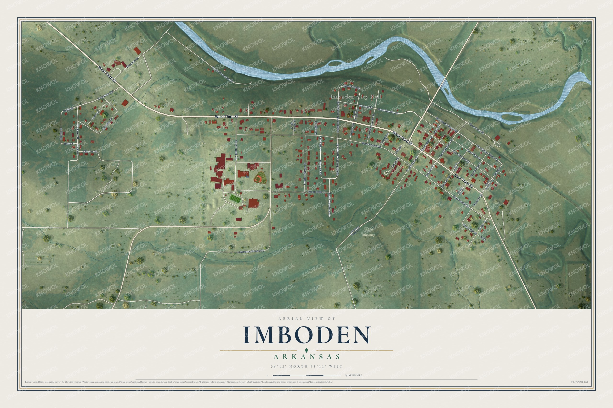 Full map of Imboden, Arkansas, with red buildings, printed street names and the land around them