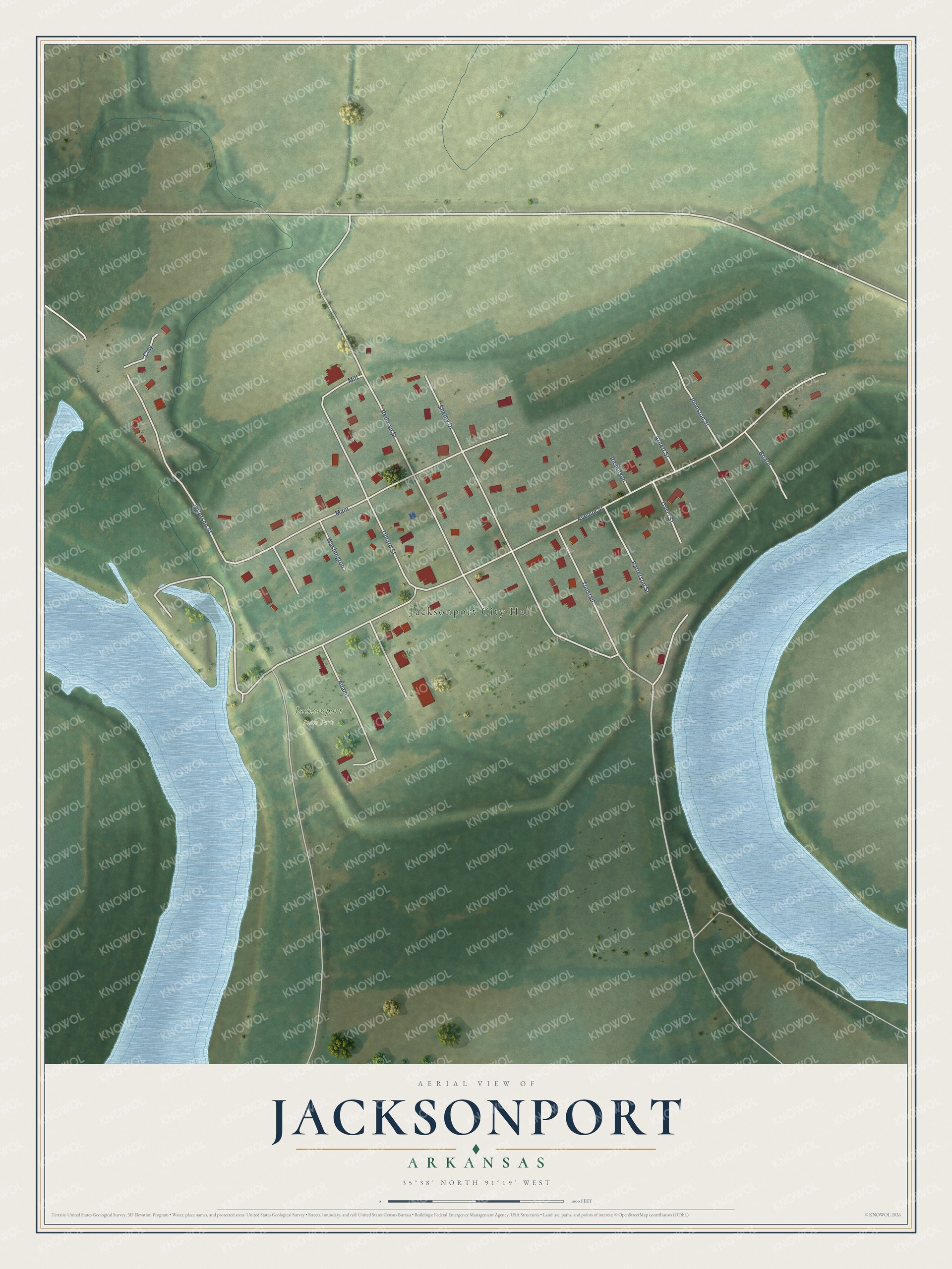 Full map of Jacksonport, Arkansas, with red buildings, printed street names and the land around them