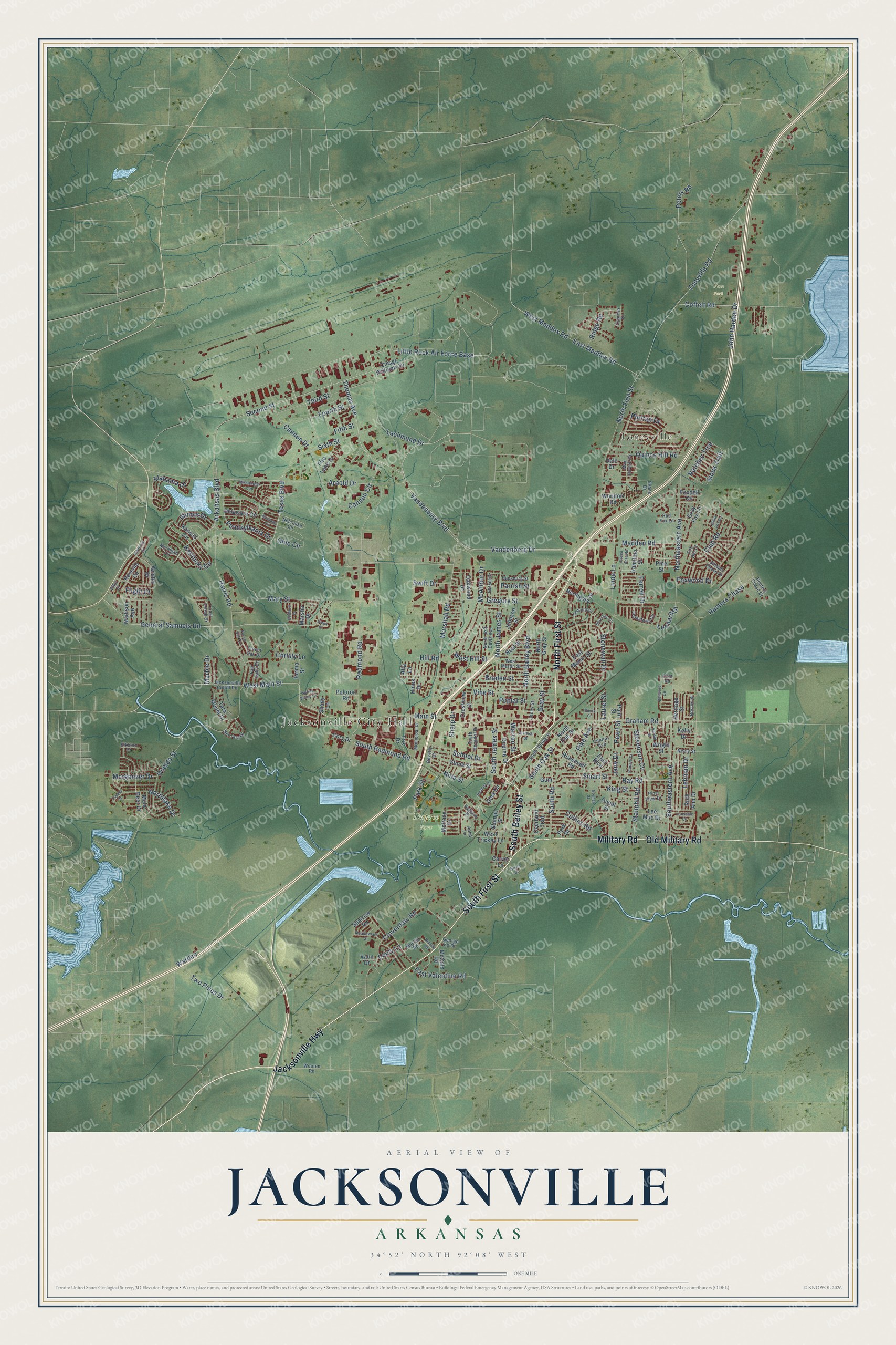 Full map of Jacksonville, Arkansas, with red buildings, printed street names and the land around them