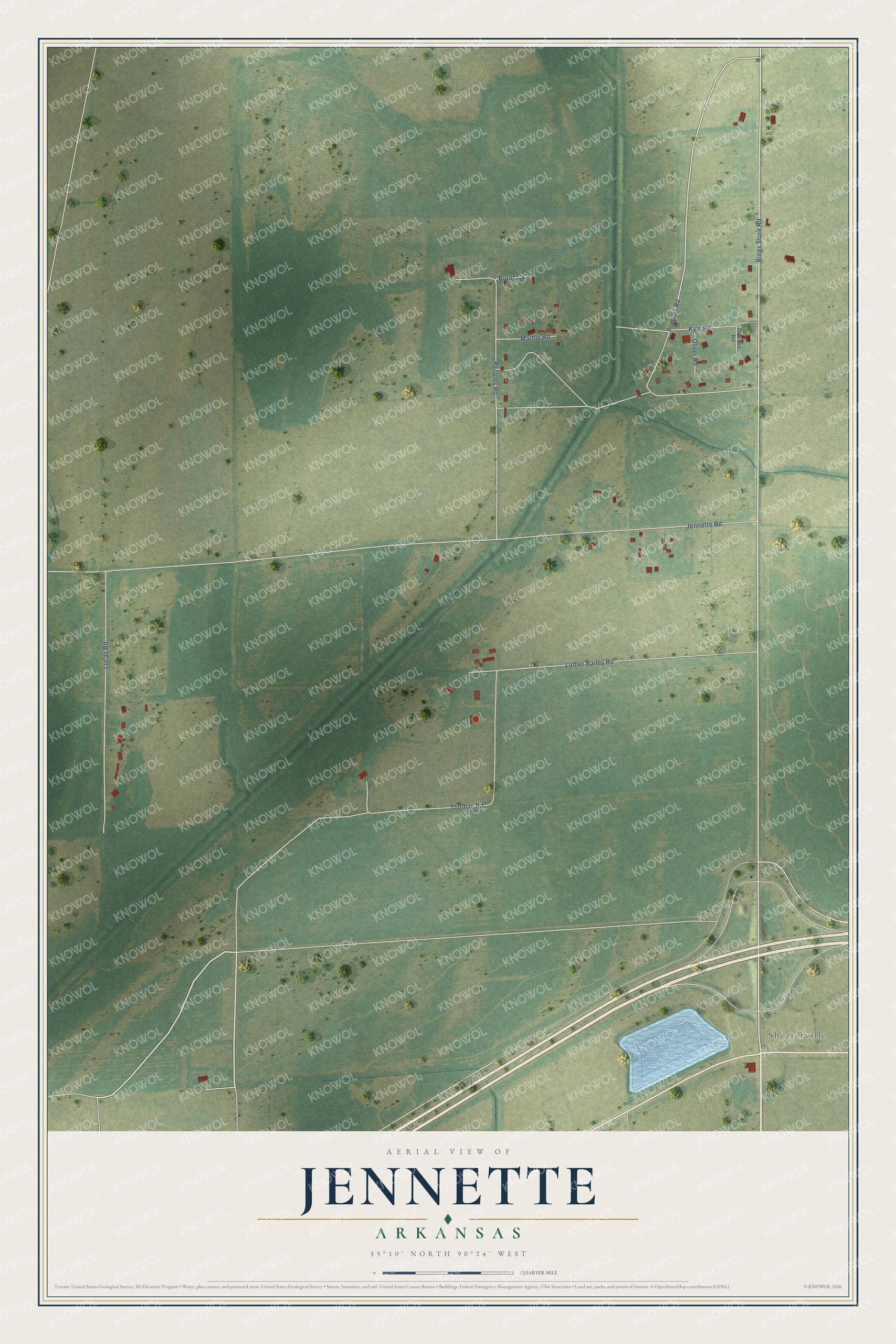 Full map of Jennette, Arkansas, with red buildings, printed street names and the land around them