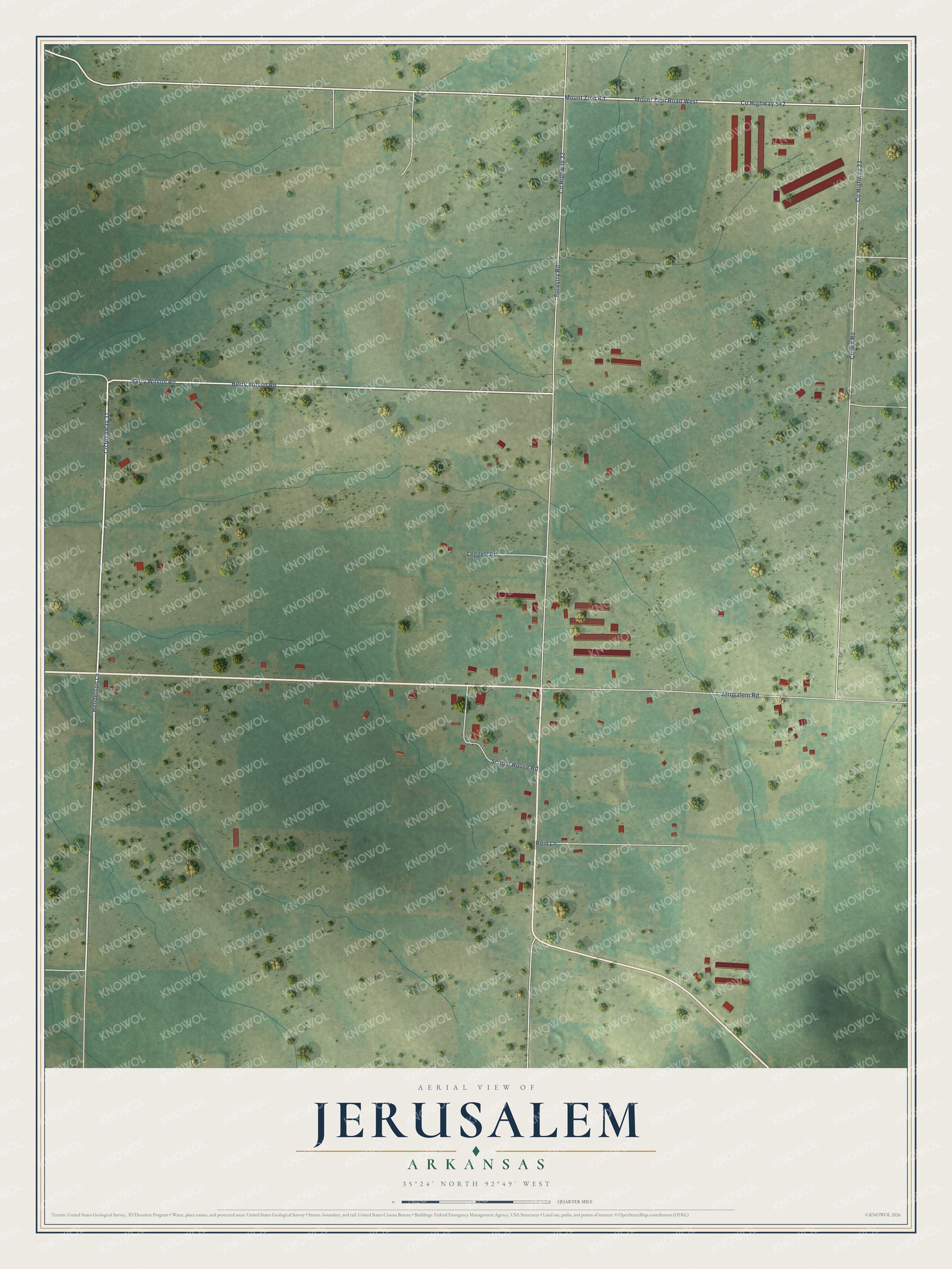 Full map of Jerusalem, Arkansas, with red buildings, printed street names and the land around them