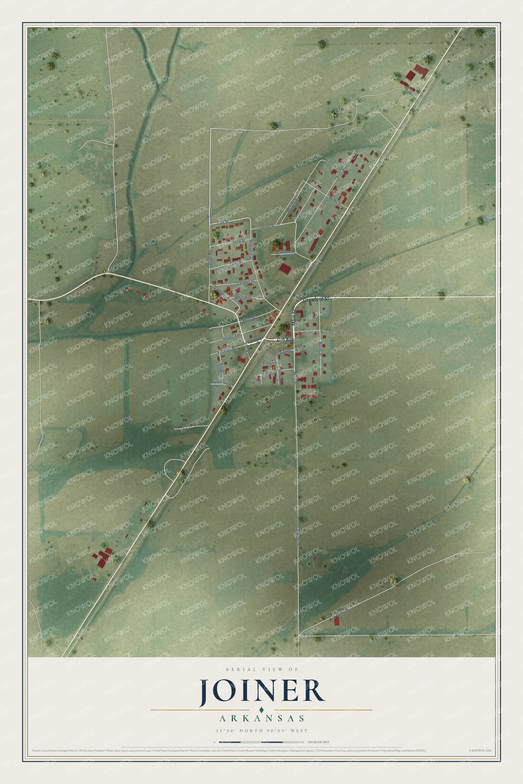 Full map of Joiner, Arkansas, with red buildings, printed street names and the land around them