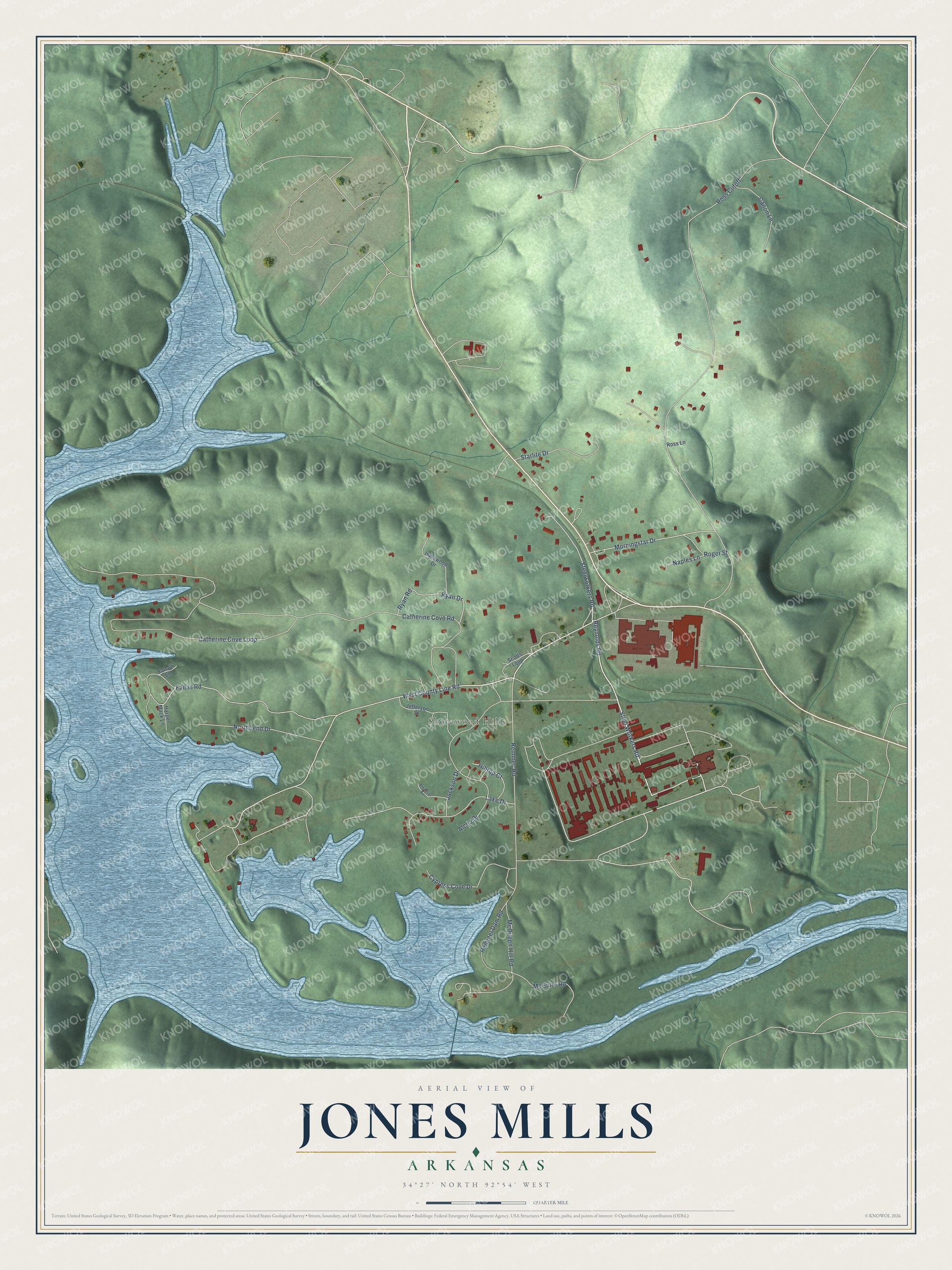 Full map of Jones Mills, Arkansas, with red buildings, printed street names and the land around them