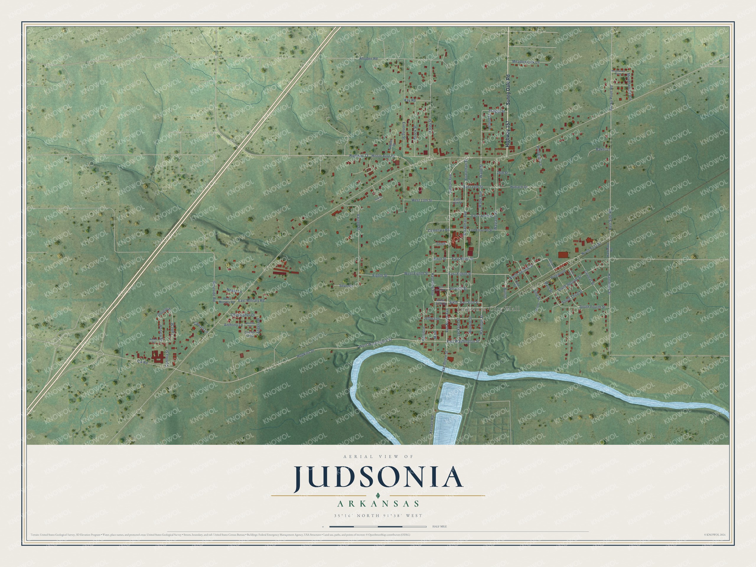 Full map of Judsonia, Arkansas, with red buildings, printed street names and the land around them