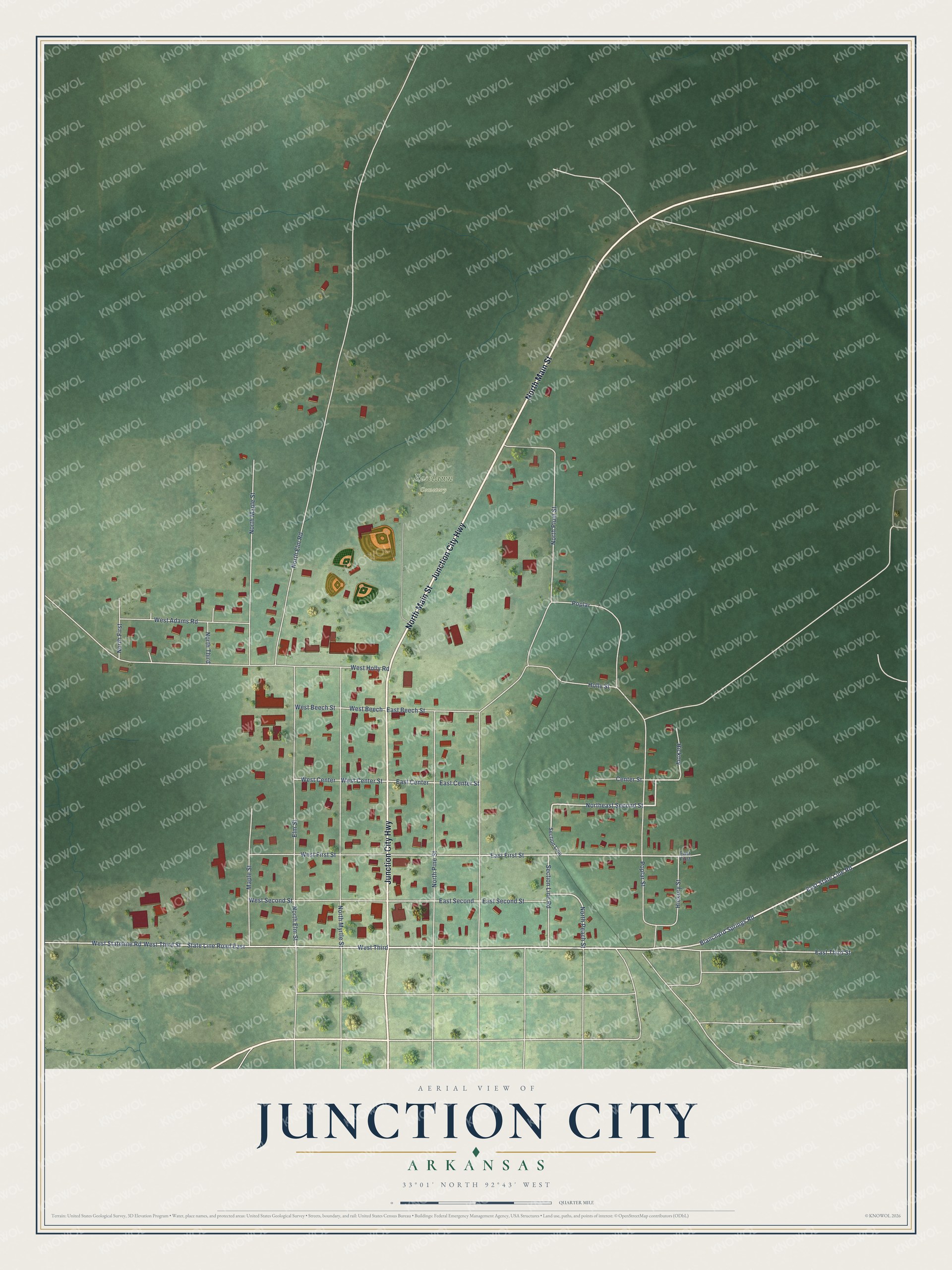 Full map of Junction City, Arkansas, with red buildings, printed street names and the land around them