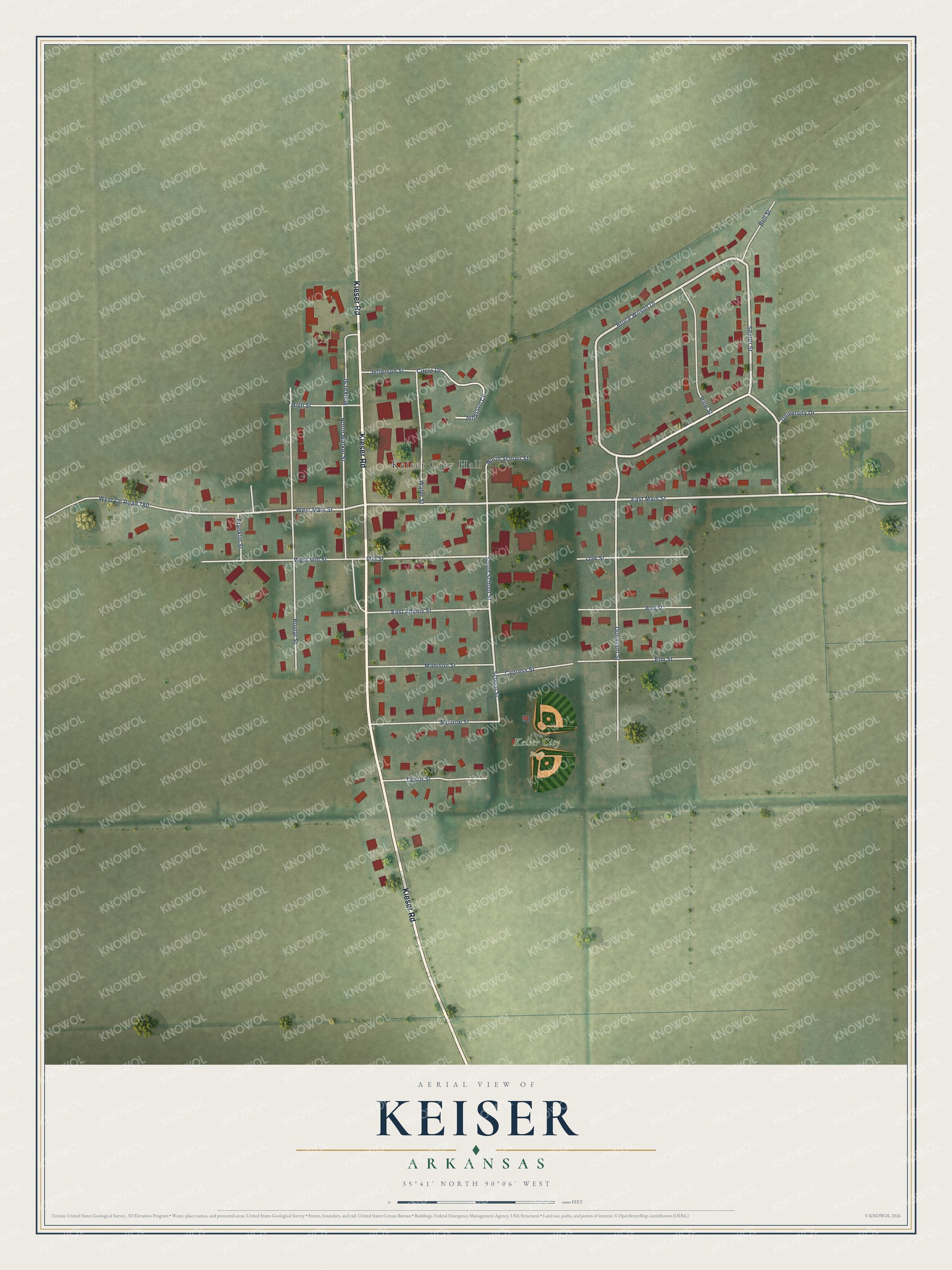 Full map of Keiser, Arkansas, with red buildings, printed street names and the land around them