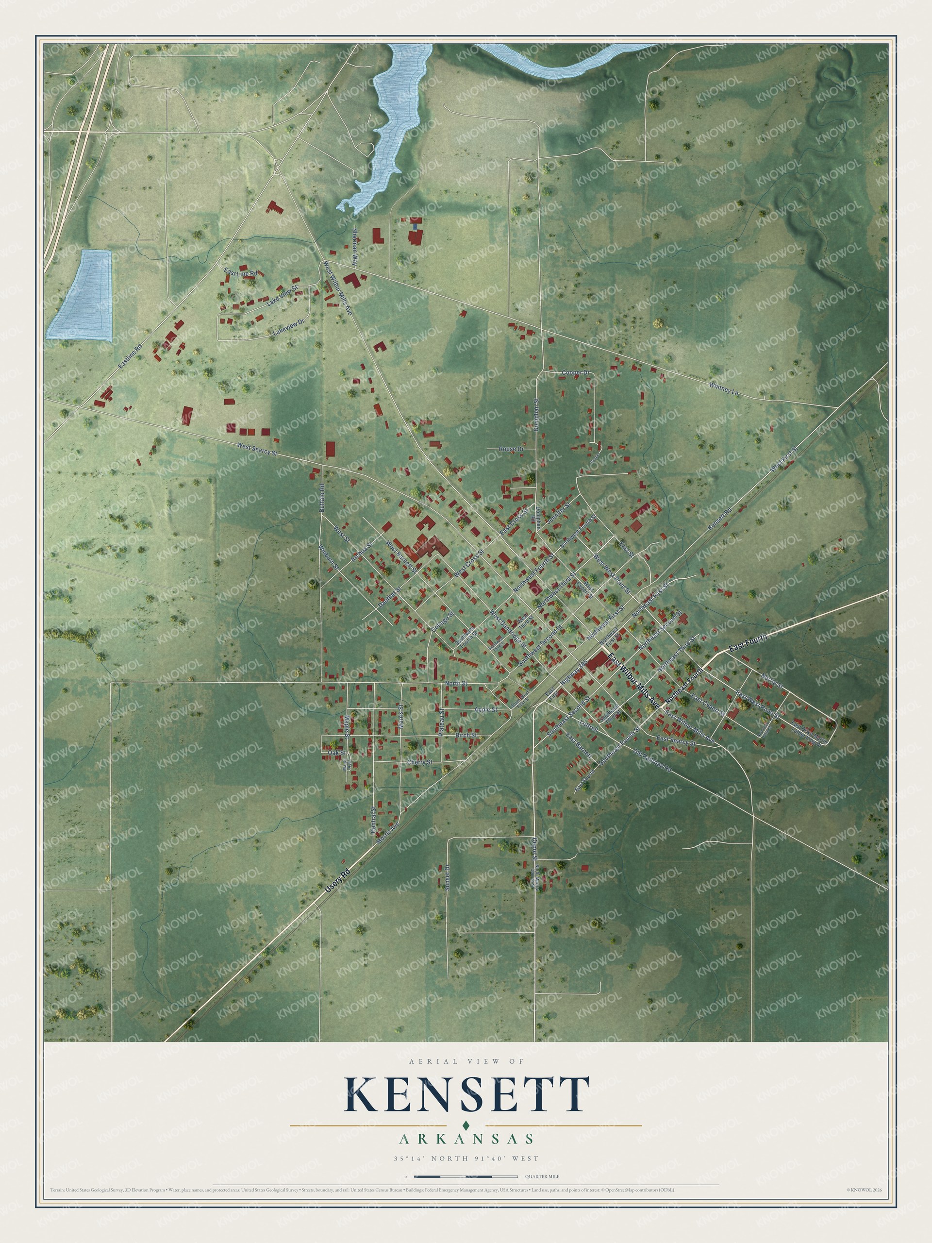 Full map of Kensett, Arkansas, with red buildings, printed street names and the land around them