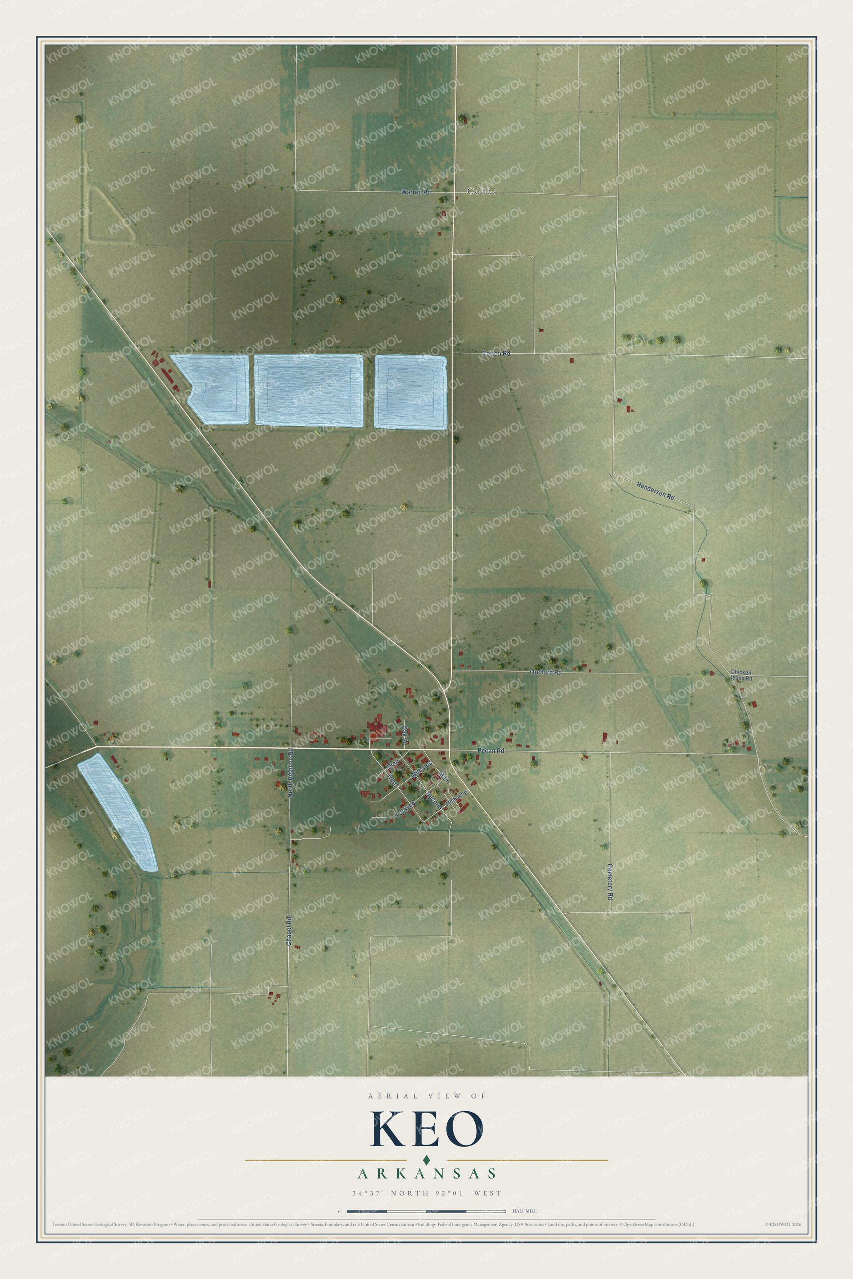Full map of Keo, Arkansas, with red buildings, printed street names and the land around them