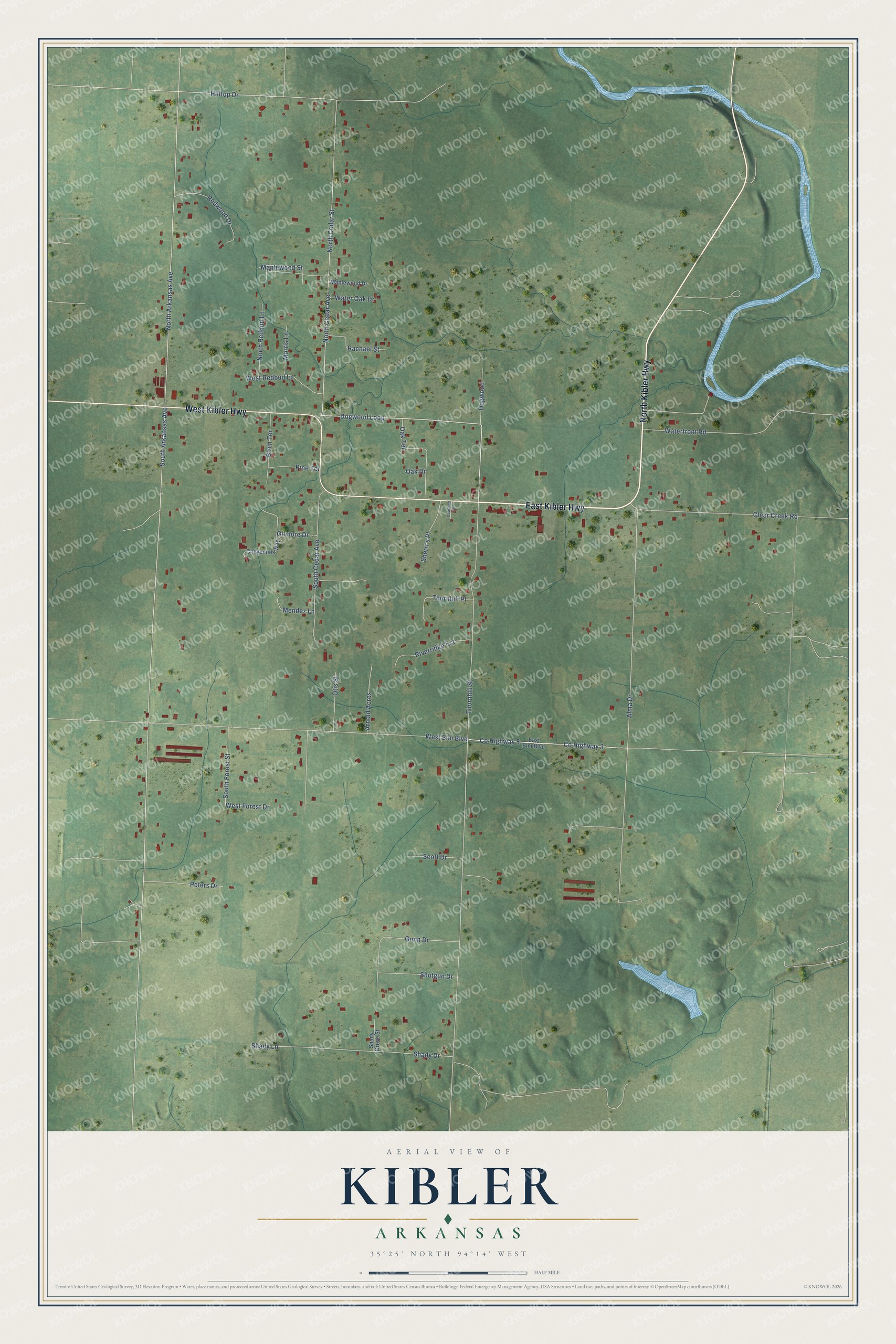 Full map of Kibler, Arkansas, with red buildings, printed street names and the land around them