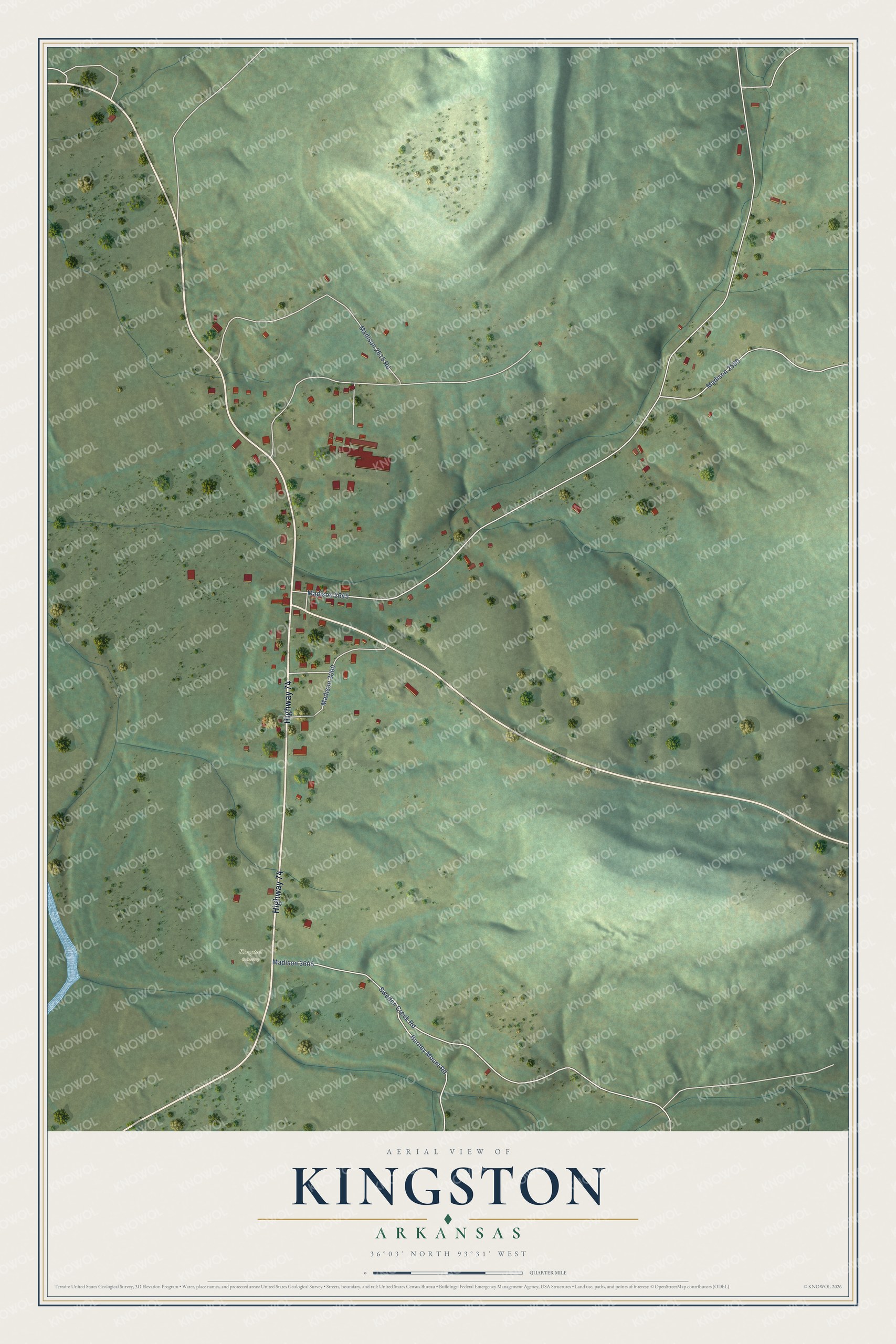 Full map of Kingston, Arkansas, with red buildings, printed street names and the land around them